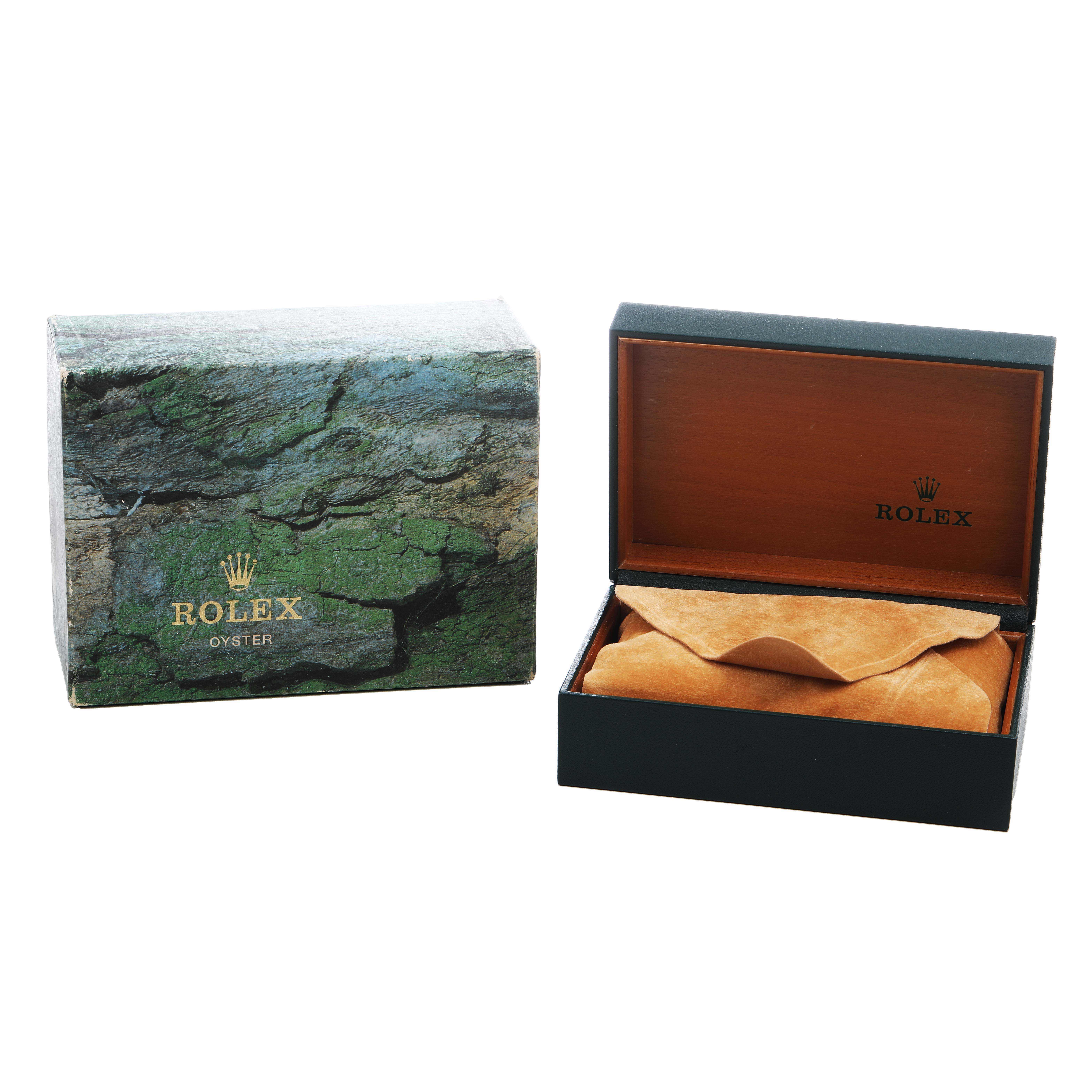 The image shows a Rolex Datejust 16234 Men's Stainless Steel Blue Dial watch box and a green outer package; no watch is visible.