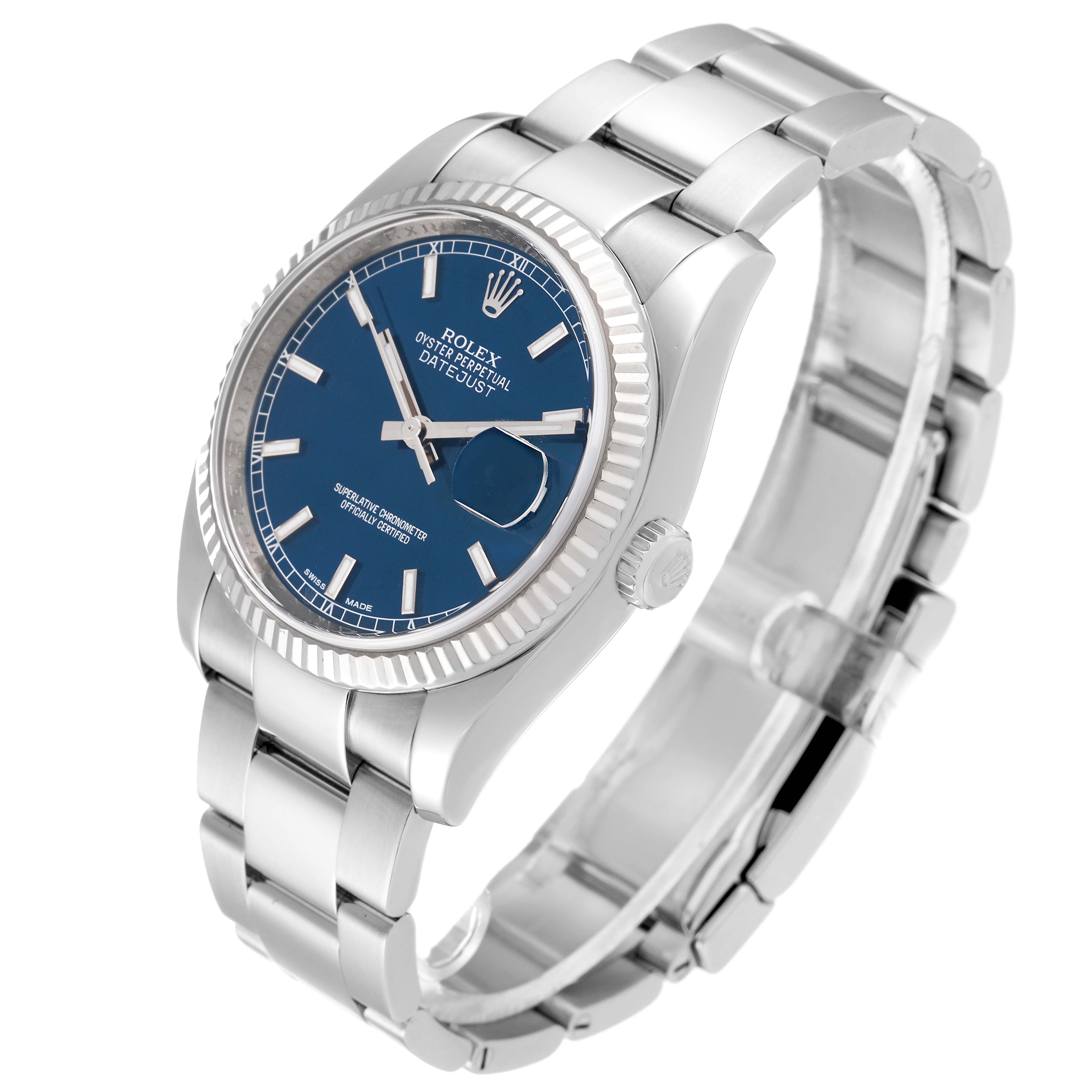 The Rolex Datejust 116234 Men's Stainless Steel Blue Dial 116234 Men's Stainless Steel Blue Dial watch is shown at a three-quarter angle, highlighting its blue dial, fluted bezel, and stainless steel bracelet.