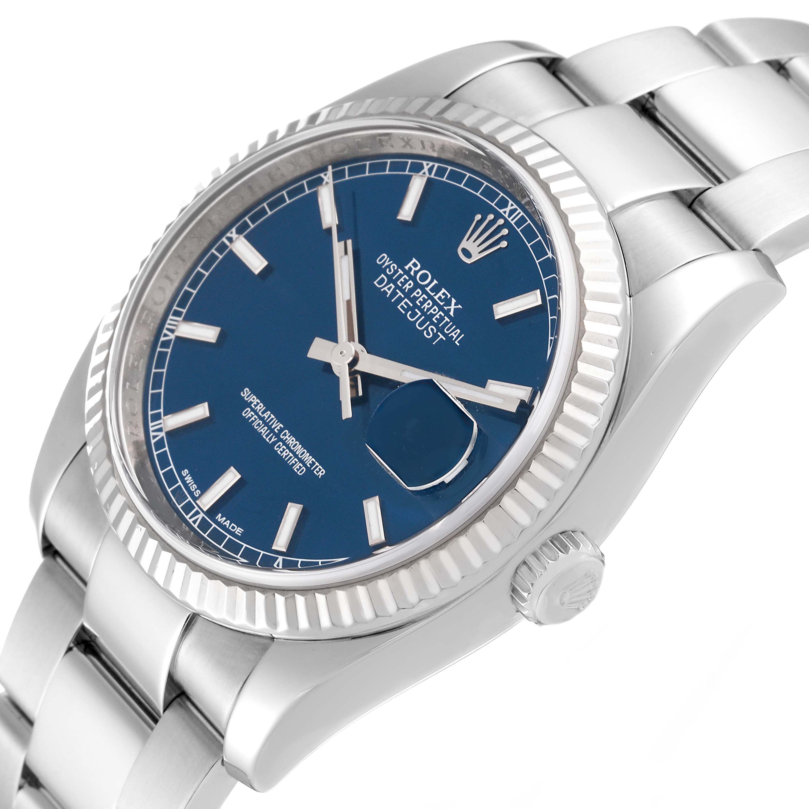 This image shows a side angle of a Rolex Datejust 116234 Men's Stainless Steel Blue Dial 116234 Men's Stainless Steel Blue Dial watch with a blue dial and stainless steel bracelet.