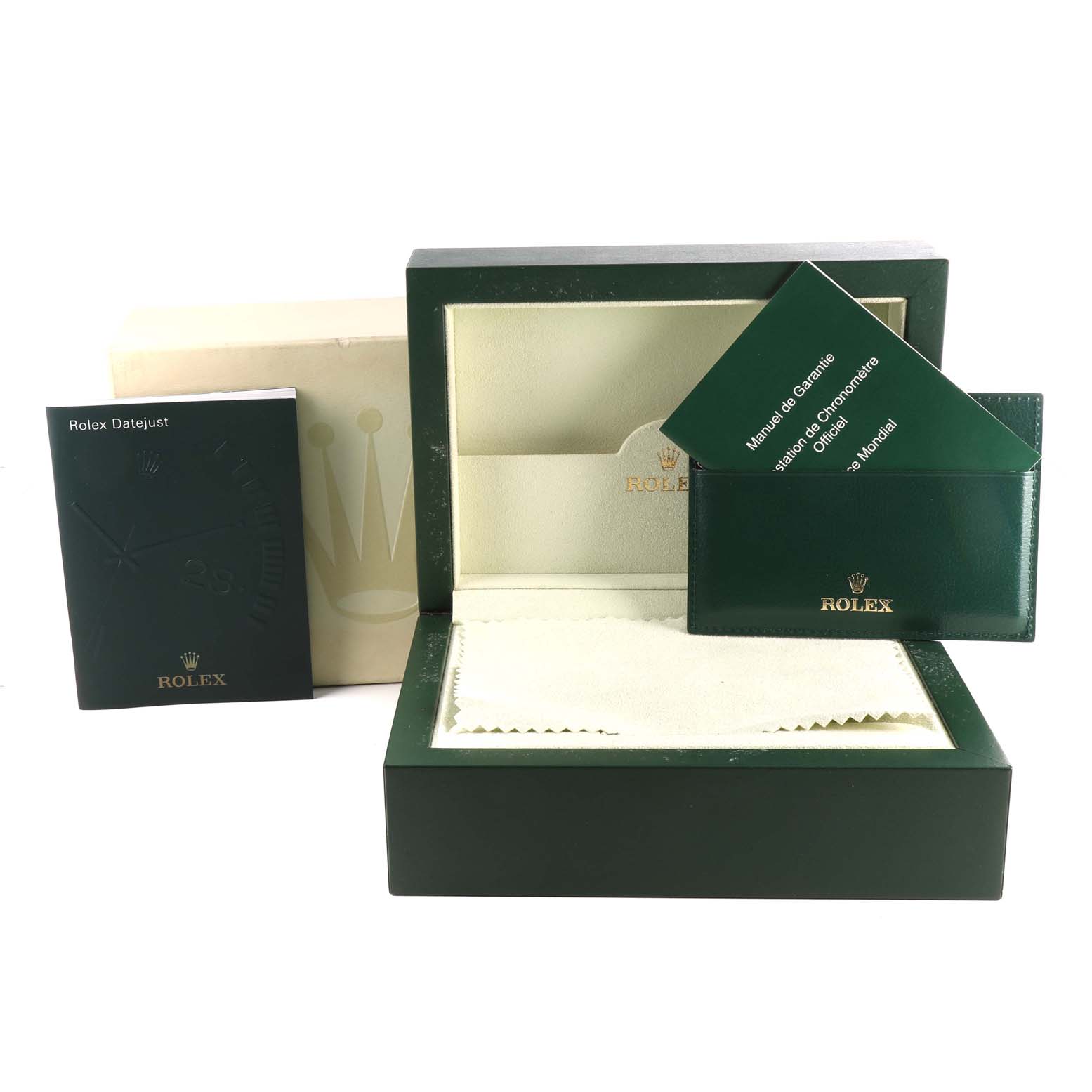 The image shows accessories for the Rolex Datejust 116234 Men's Stainless Steel Blue Dial 116234 Men's Stainless Steel Blue Dial, including the box, manuals, and warranty card holder.