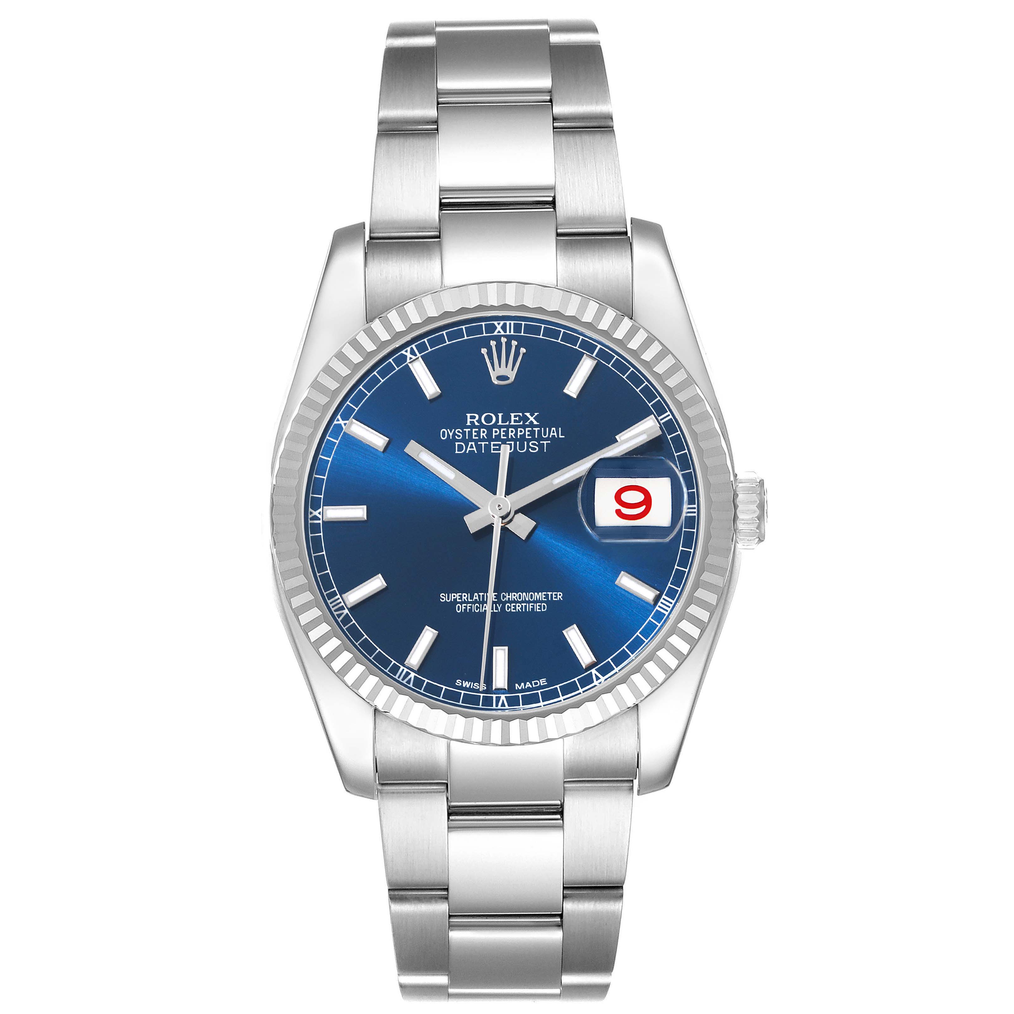 The image shows a front view of a Rolex Datejust 116234 Men's Stainless Steel Blue Dial 116234 Men's Stainless Steel Blue Dial watch, highlighting its blue dial, date window, and stainless steel bracelet.