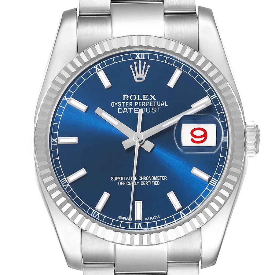 Rolex Datejust Steel White Gold Fluted Bezel Blue Dial Mens Watch 116234 SwissWatchExpo