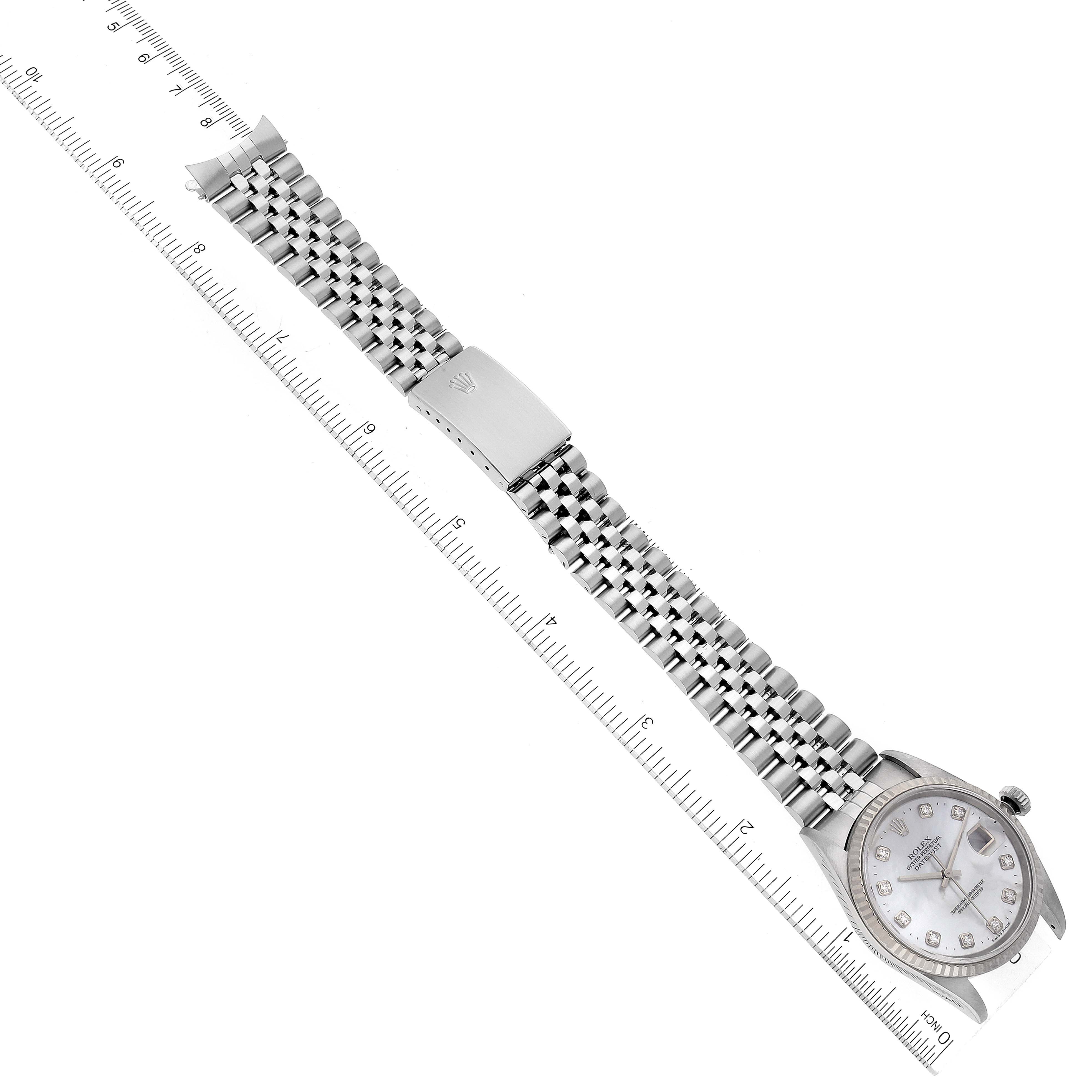 The image displays a top-down view of a Rolex Datejust 16234 Men's Stainless Steel Mother of Pearl Dial 16234 Men's Stainless Steel Mother of Pearl Dial watch, showing the face, bezel, and stainless steel bracelet with a clasp.