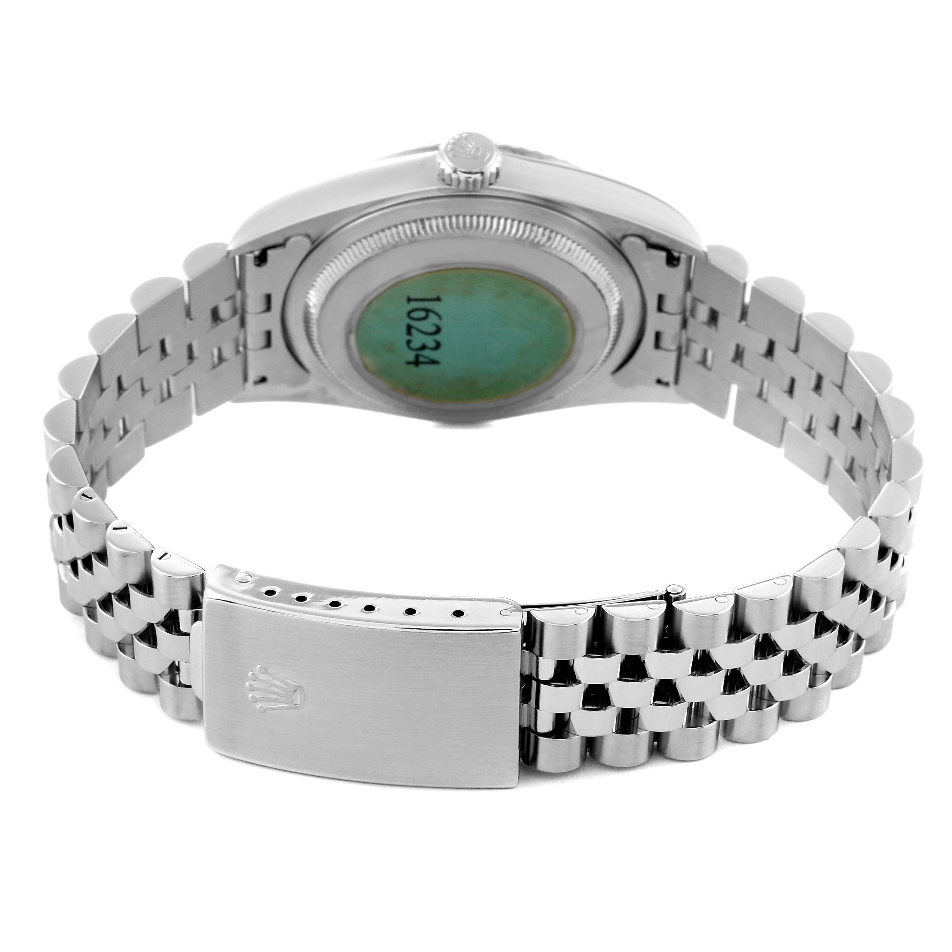 This image shows the backside and bracelet clasp of a Rolex Datejust 16234 Men's Stainless Steel Mother of Pearl Dial 16234 Men's Stainless Steel Mother of Pearl Dial watch, emphasizing the model number on the case back.