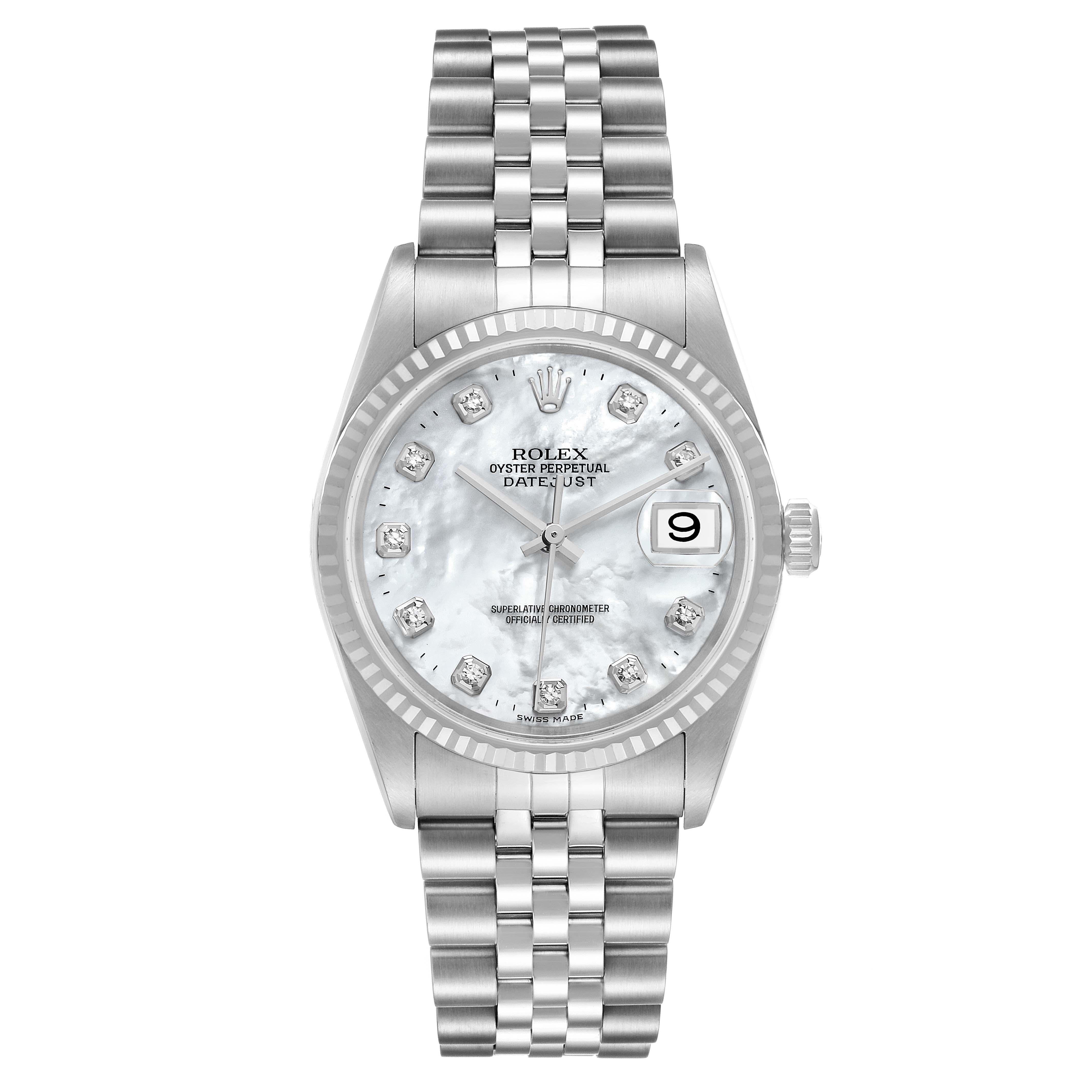 This Rolex Datejust 16234 Men's Stainless Steel Mother of Pearl Dial 16234 Men's Stainless Steel Mother of Pearl Dial model watch is shown from the front, displaying the dial, bezel, bracelet, and date window.