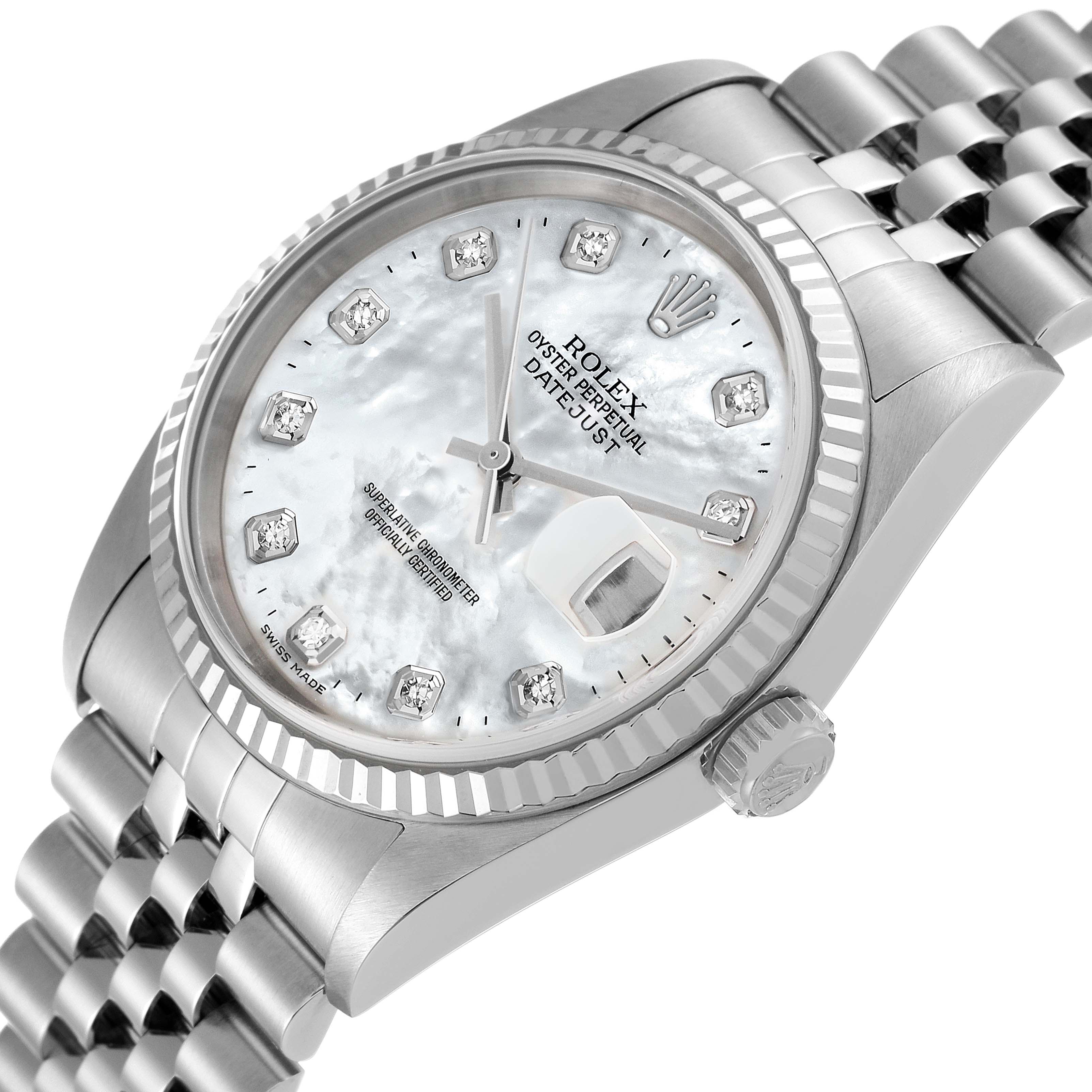 The image shows a Rolex Datejust 16234 Men's Stainless Steel Mother of Pearl Dial 16234 Men's Stainless Steel Mother of Pearl Dial watch at an angled close-up, highlighting the face, bezel, crown, and part of the bracelet.