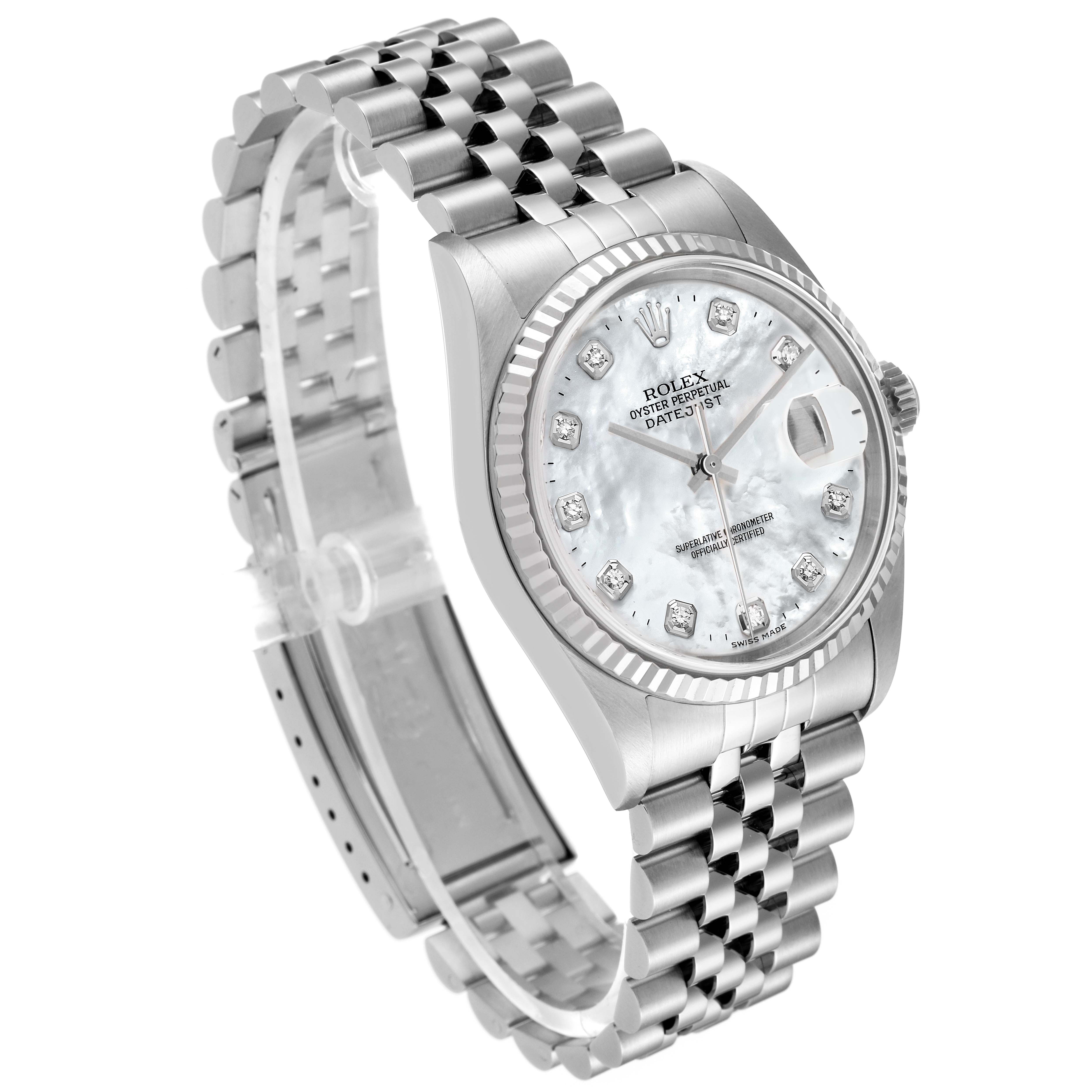 This is a Rolex Datejust 16234 Men's Stainless Steel Mother of Pearl Dial 16234 Men's Stainless Steel Mother of Pearl Dial watch viewed at a three-quarter angle, showing the face, case, and bracelet.