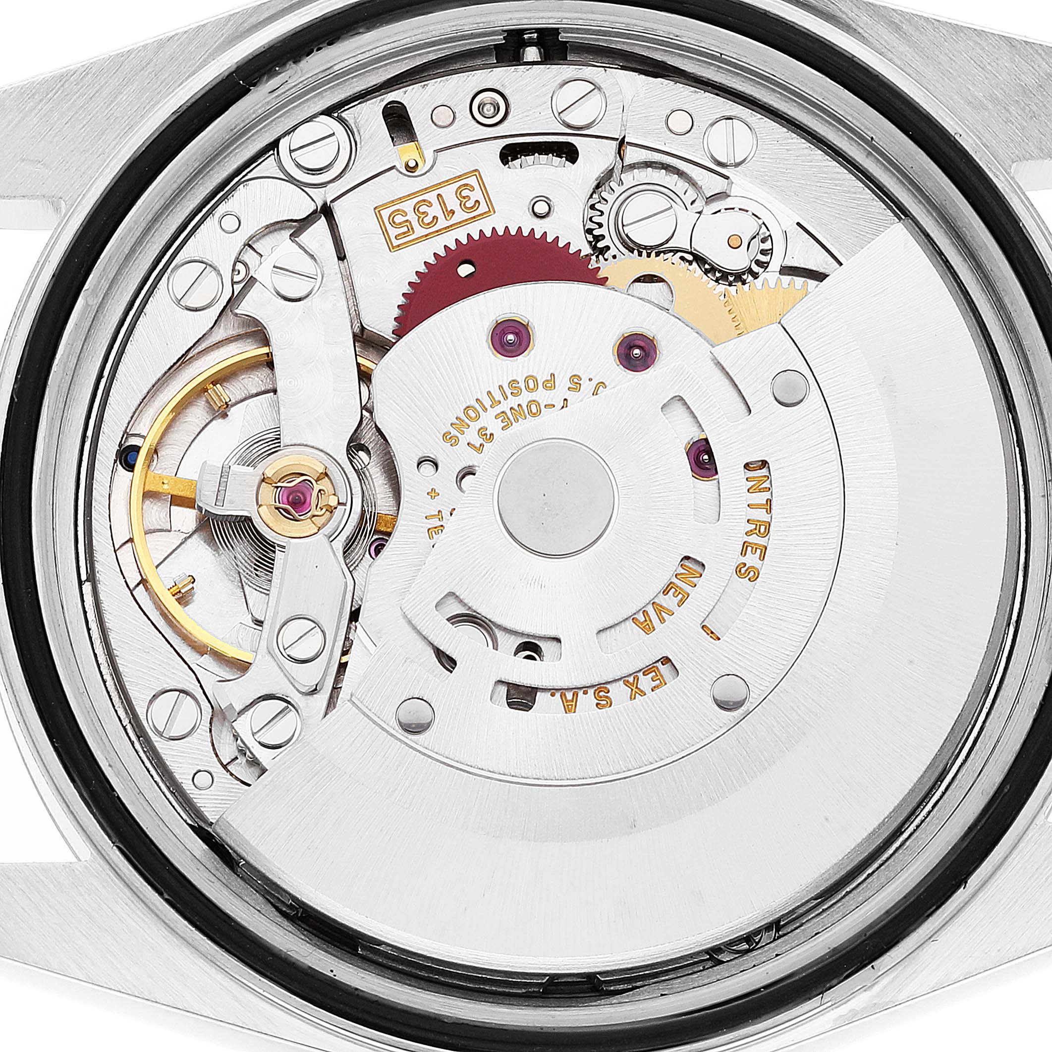 This image shows the internal mechanical movement of the Rolex Datejust 16234 Men's Stainless Steel Mother of Pearl Dial 16234 Men's Stainless Steel Mother of Pearl Dial watch from a top-down angle.