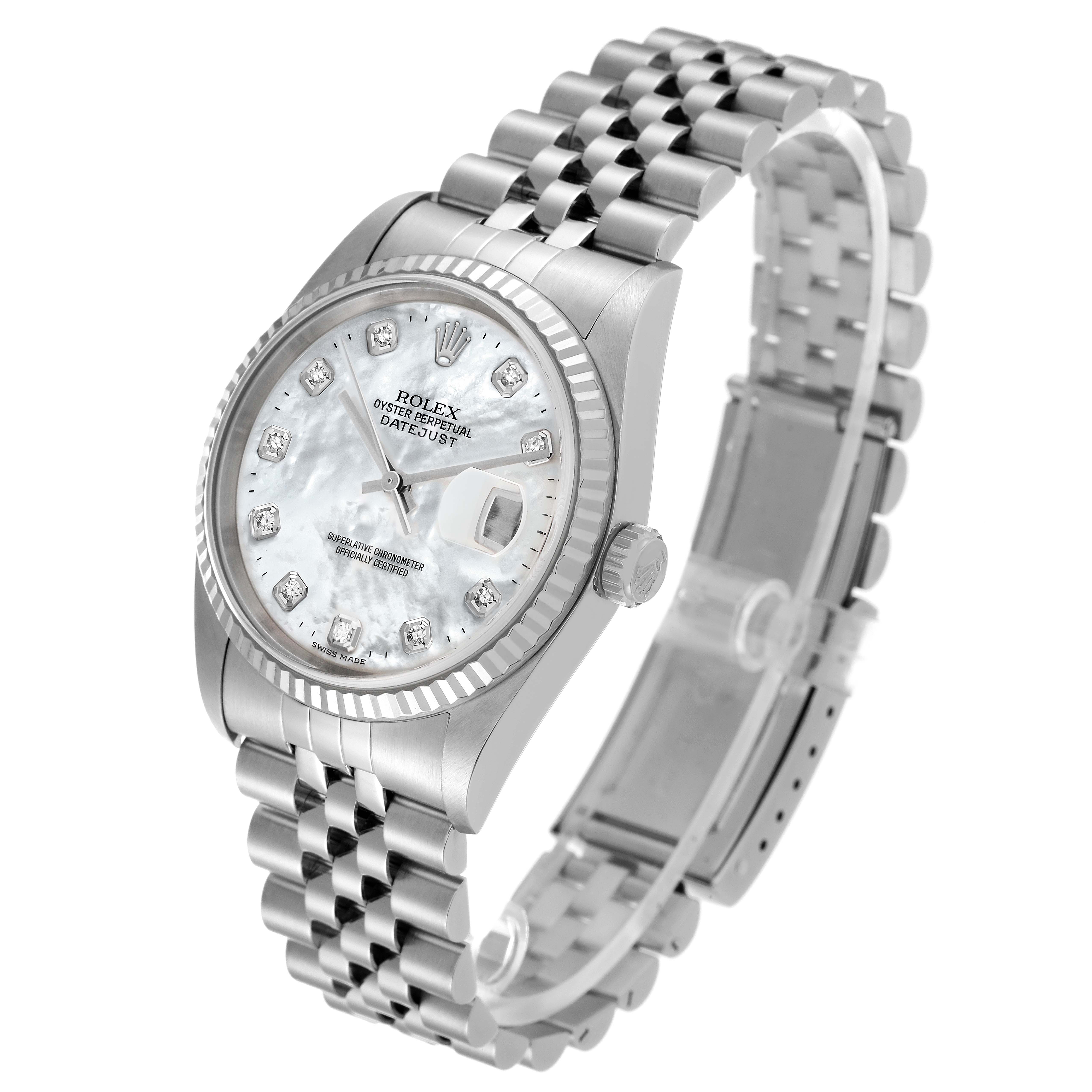 This Rolex Datejust 16234 Men's Stainless Steel Mother of Pearl Dial 16234 Men's Stainless Steel Mother of Pearl Dial watch is shown at a slight angle, featuring its face, bezel, crown, and bracelet.