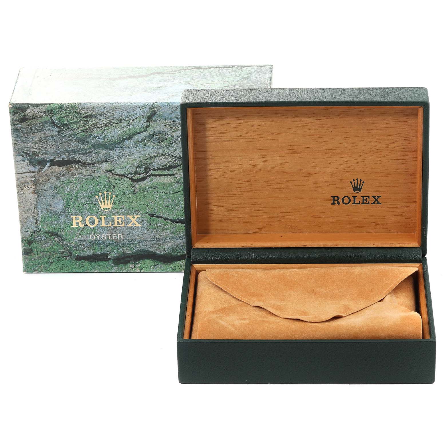 The image shows the open box and packaging for a Rolex Datejust 16234 Men's Stainless Steel Mother of Pearl Dial 16234 Men's Stainless Steel Mother of Pearl Dial watch, featuring the inner suede pouch and outer green box.