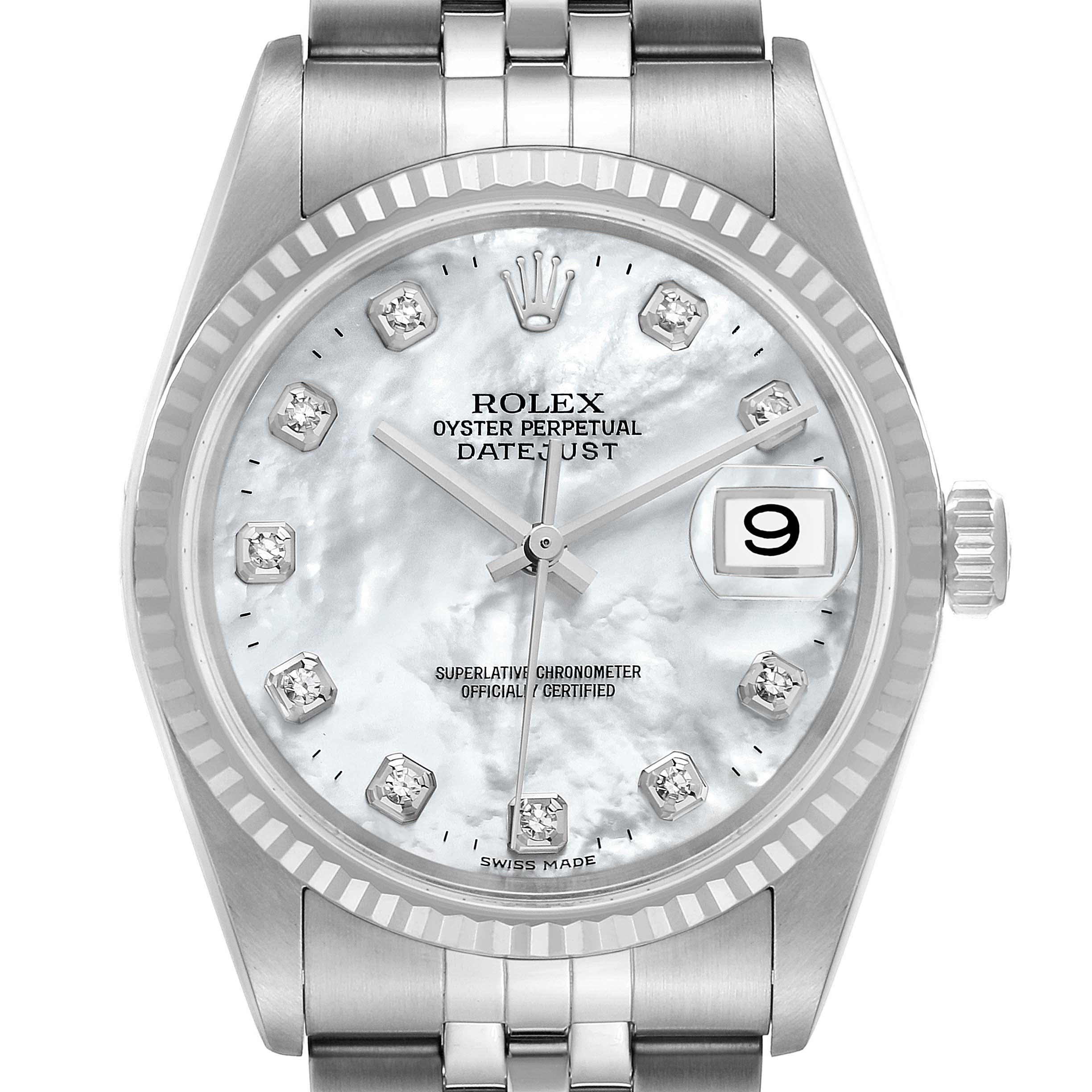 The image shows a front view of the Rolex Datejust 16234 Men's Stainless Steel Mother of Pearl Dial 16234 Men's Stainless Steel Mother of Pearl Dial watch, highlighting the dial, hands, date window, and part of the bracelet.