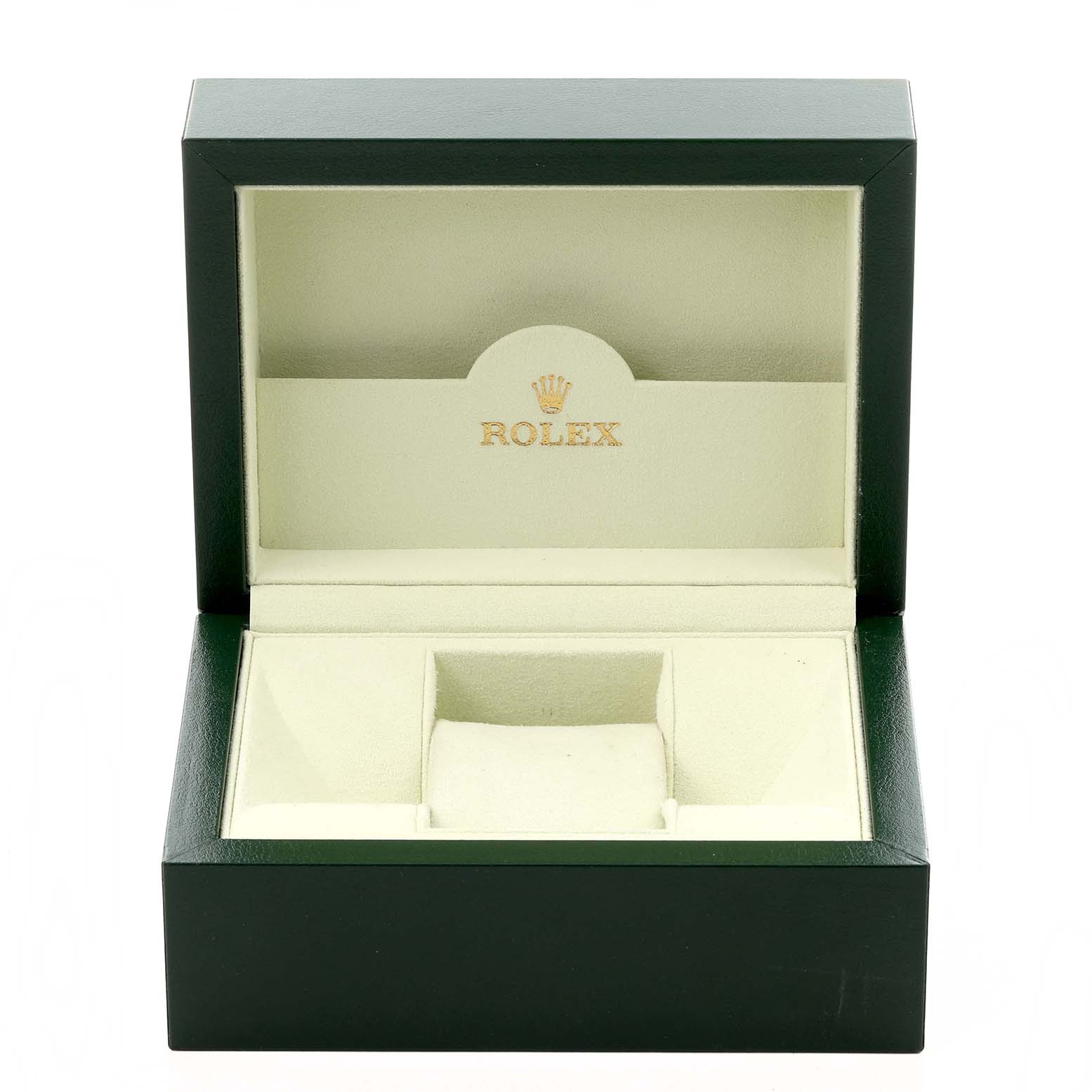 The image shows an open Rolex Datejust 179174 Women's Steel and Gold (two tone) Pink Dial 179174 Women's Steel and Gold (two tone) Pink Dial watch box with an interior cushion for watch placement.