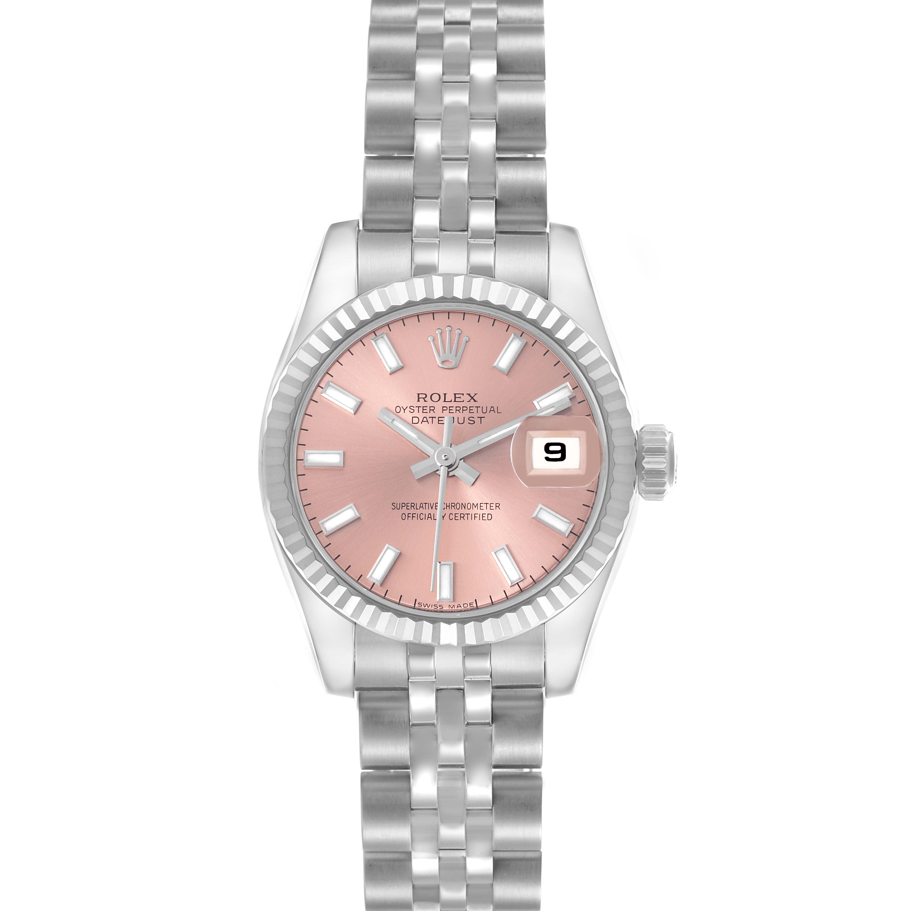 The Rolex Datejust 179174 Women's Steel and Gold (two tone) Pink Dial 179174 Women's Steel and Gold (two tone) Pink Dial watch is shown from a front angle, featuring the dial, bezel, crown, and bracelet.