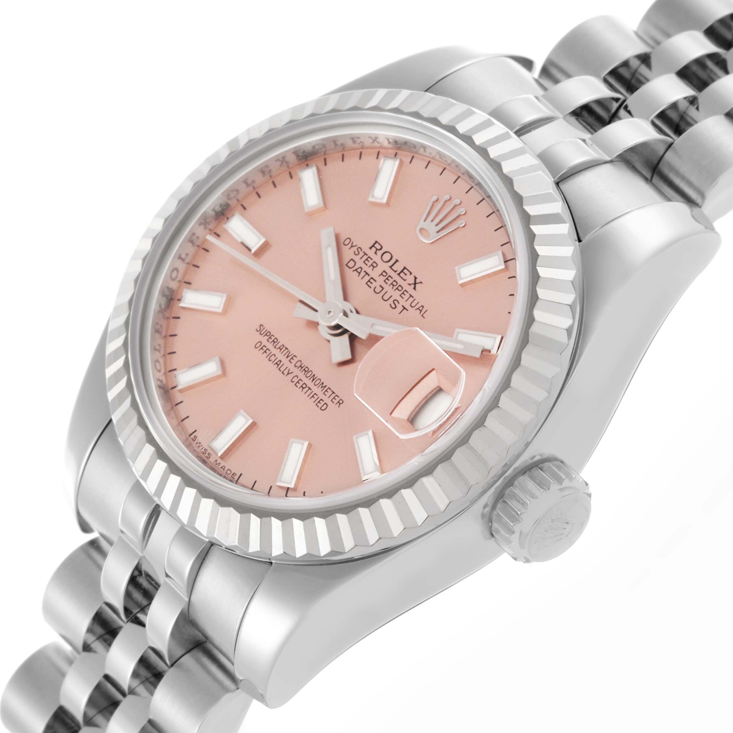 The Rolex Datejust 179174 Women's Steel and Gold (two tone) Pink Dial 179174 Women's Steel and Gold (two tone) Pink Dial watch is shown from a side angle, highlighting the case, bezel, crown, dial, and part of the jubilee bracelet.