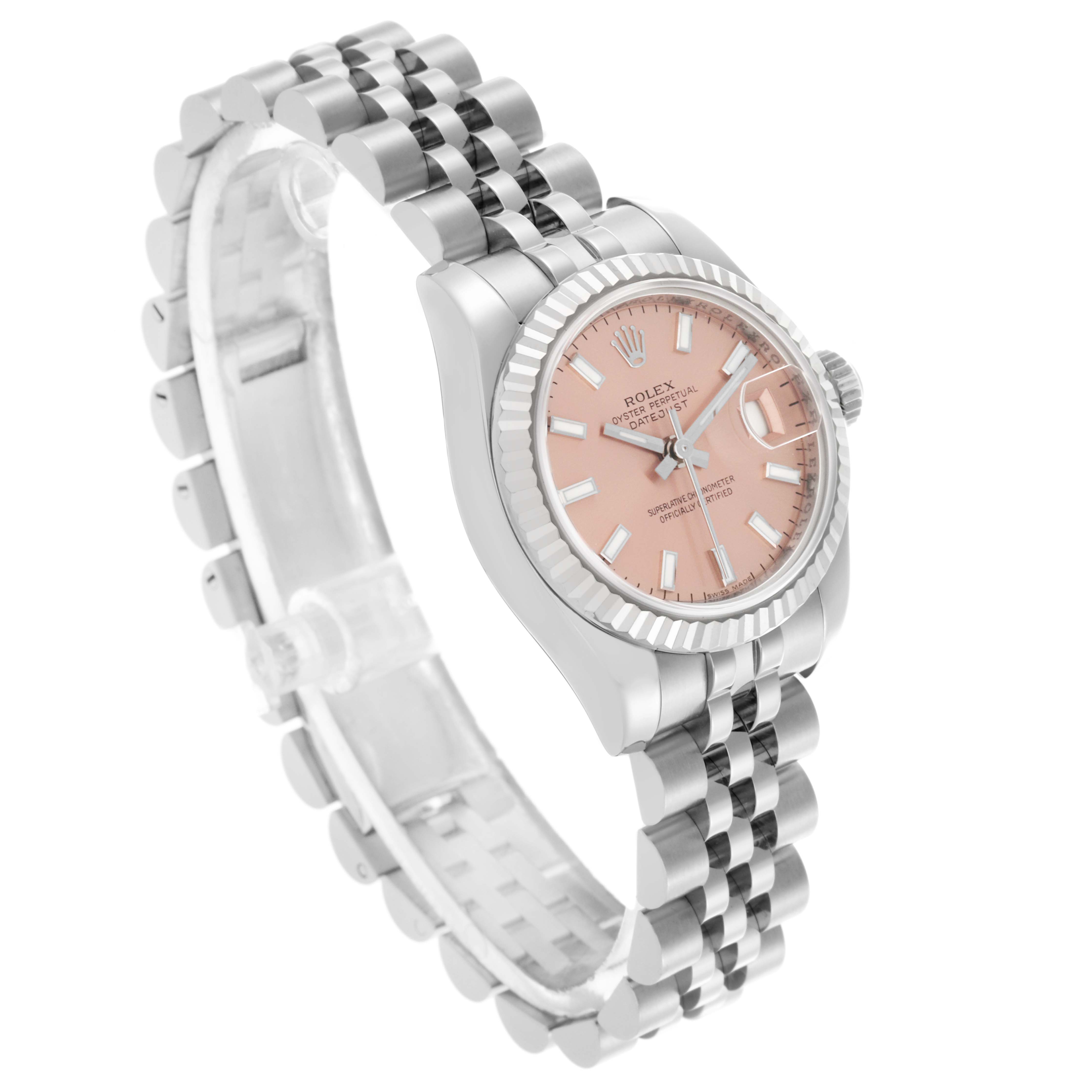 The Rolex Datejust 179174 Women's Steel and Gold (two tone) Pink Dial 179174 Women's Steel and Gold (two tone) Pink Dial watch is shown at a slight angle, highlighting its pink dial, fluted bezel, and jubilee bracelet.