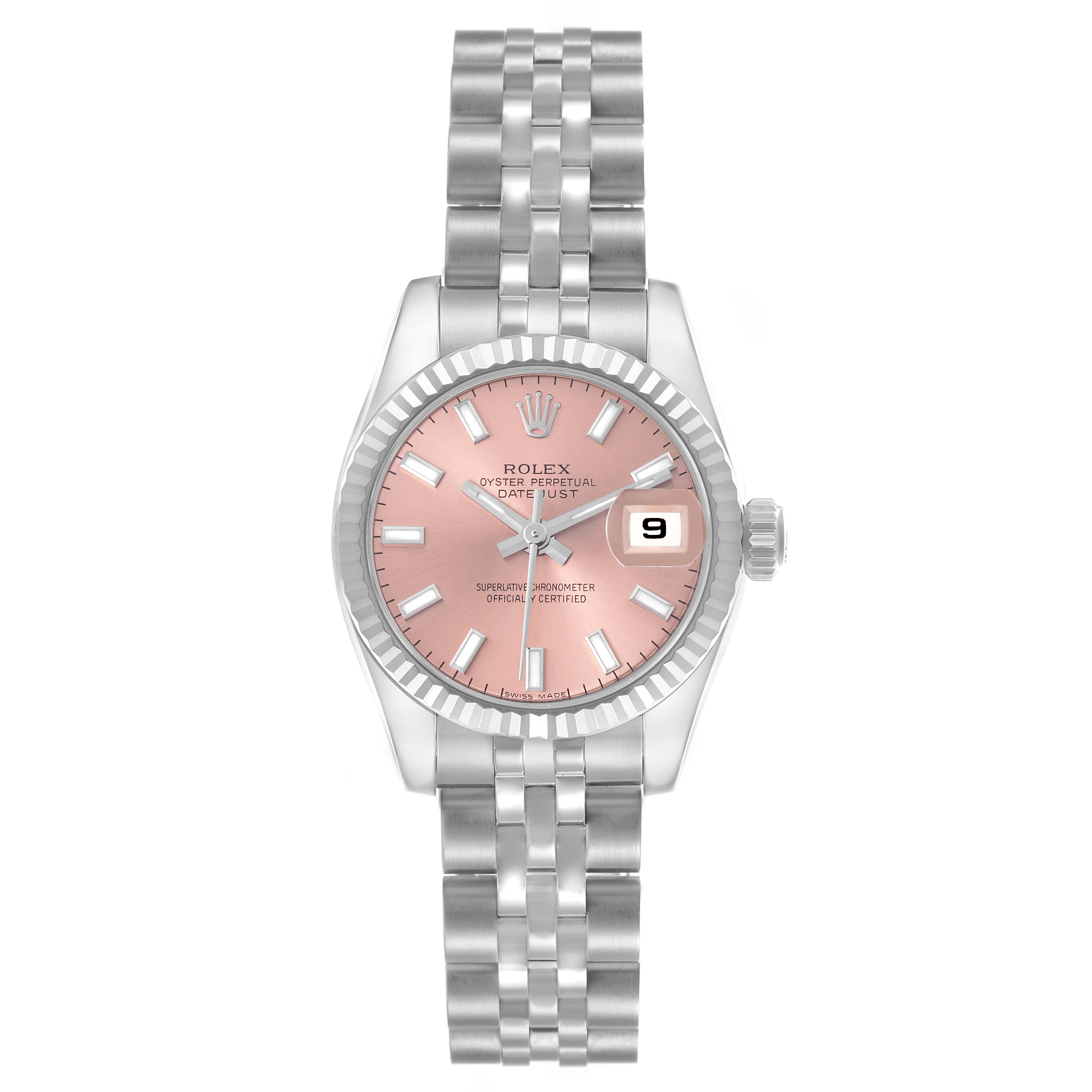The image shows a front view of a Rolex Datejust 179174 Women's Steel and Gold (two tone) Pink Dial 179174 Women's Steel and Gold (two tone) Pink Dial watch, highlighting its pink dial, bezel, and Jubilee bracelet.