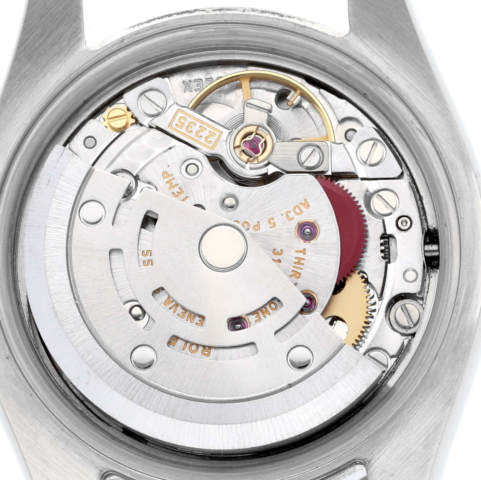 The image shows the movement of a Rolex Datejust 179174 Women's Steel and Gold (two tone) Pink Dial 179174 Women's Steel and Gold (two tone) Pink Dial, highlighting gears and components from a top-down view.