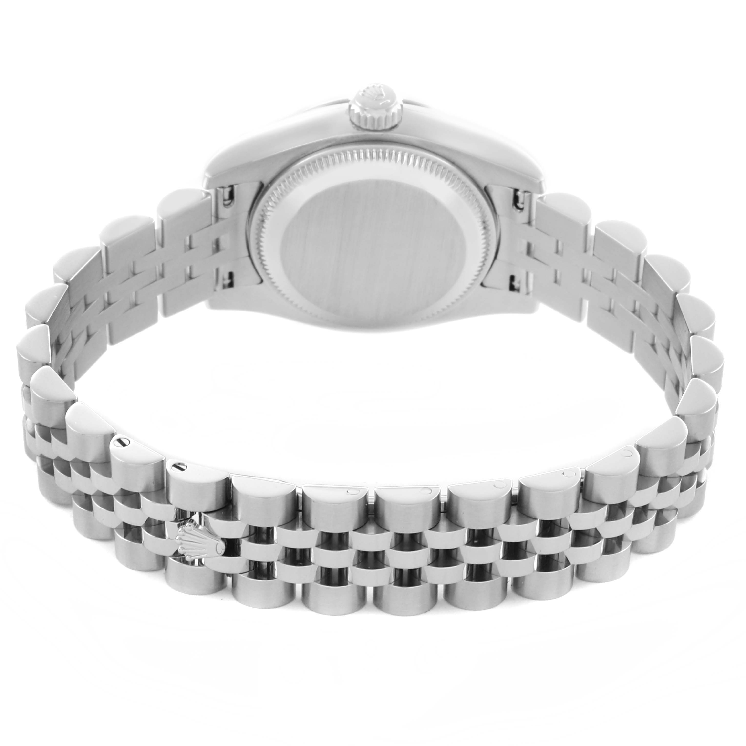 The image shows the back view of a Rolex Datejust 179174 Women's Steel and Gold (two tone) Pink Dial 179174 Women's Steel and Gold (two tone) Pink Dial, highlighting the clasp and bracelet.