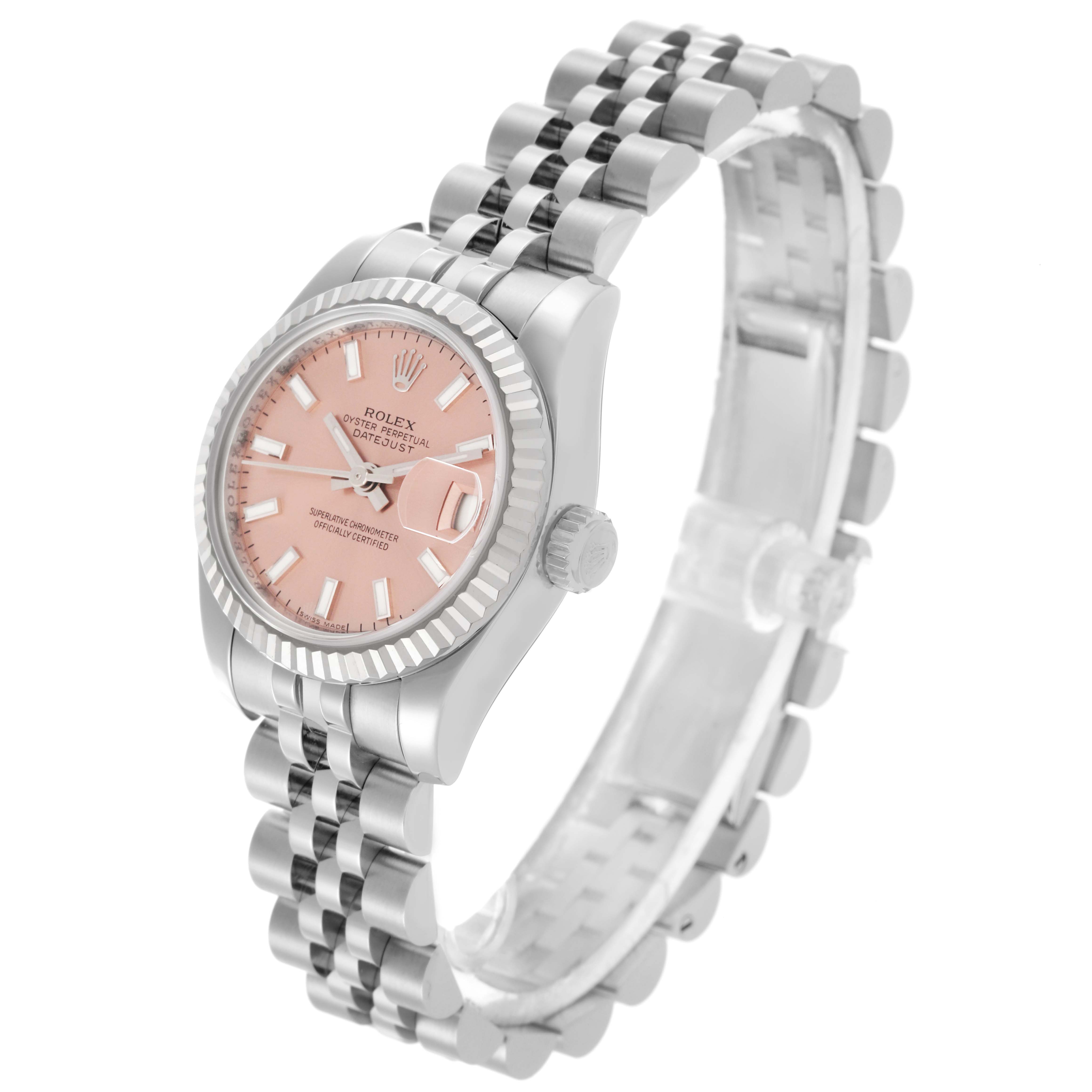 The Rolex Datejust 179174 Women's Steel and Gold (two tone) Pink Dial 179174 Women's Steel and Gold (two tone) Pink Dial watch is shown at a three-quarter angle, highlighting the bracelet, bezel, crown, and pink dial.