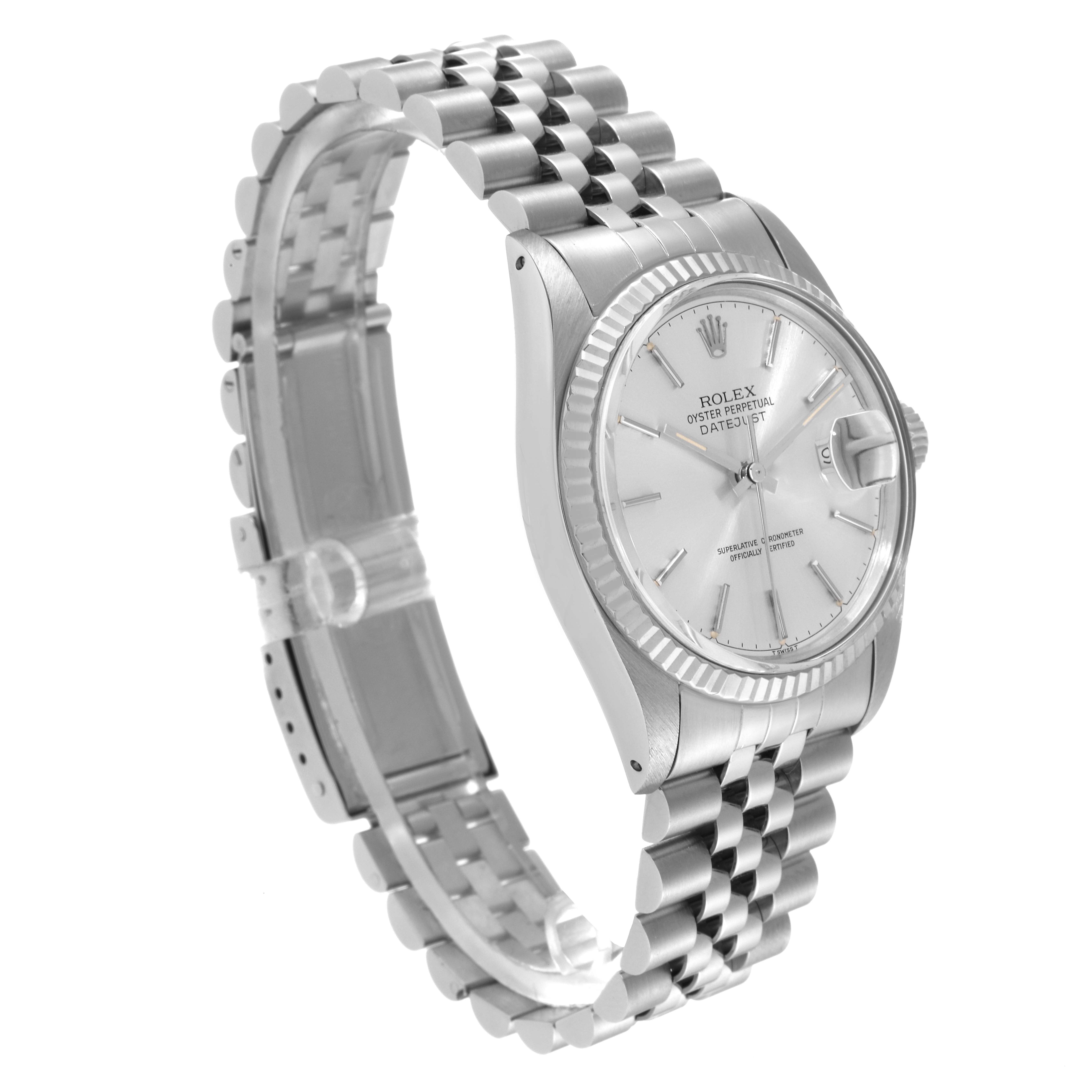The image shows a Rolex Datejust 16014 Men's Stainless Steel Silver Dial 16014 Men's Stainless Steel Silver Dial watch angled to display its face, bezel, and bracelet.