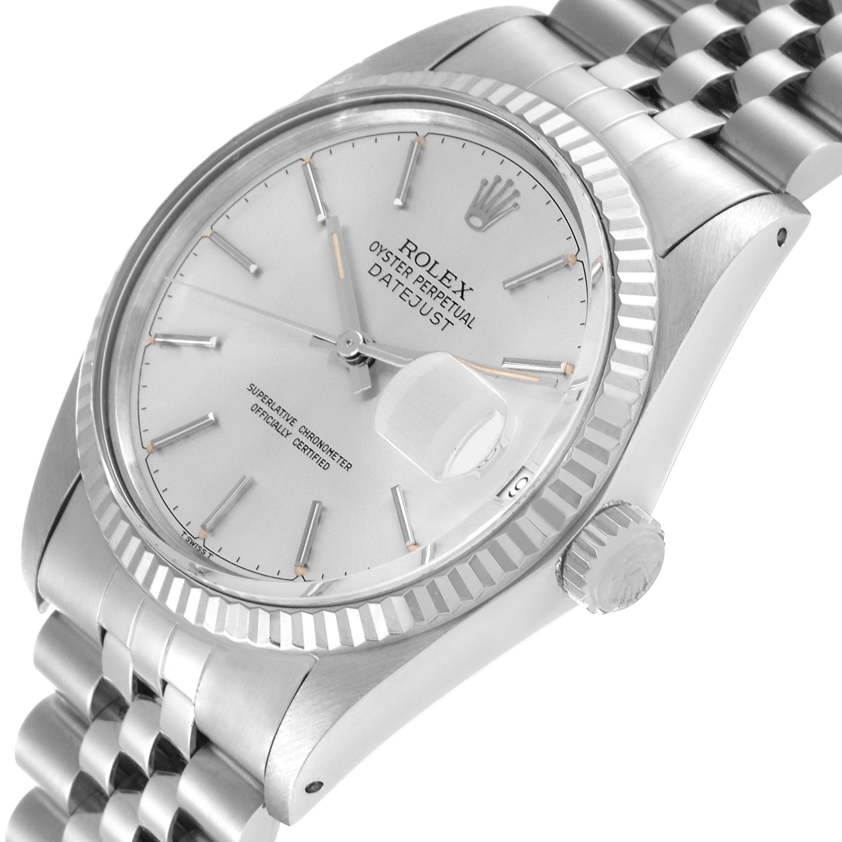 This image shows a close-up angle of the Rolex Datejust 16014 Men's Stainless Steel Silver Dial 16014 Men's Stainless Steel Silver Dial watch, highlighting its dial, bezel, crown, and a portion of the bracelet.