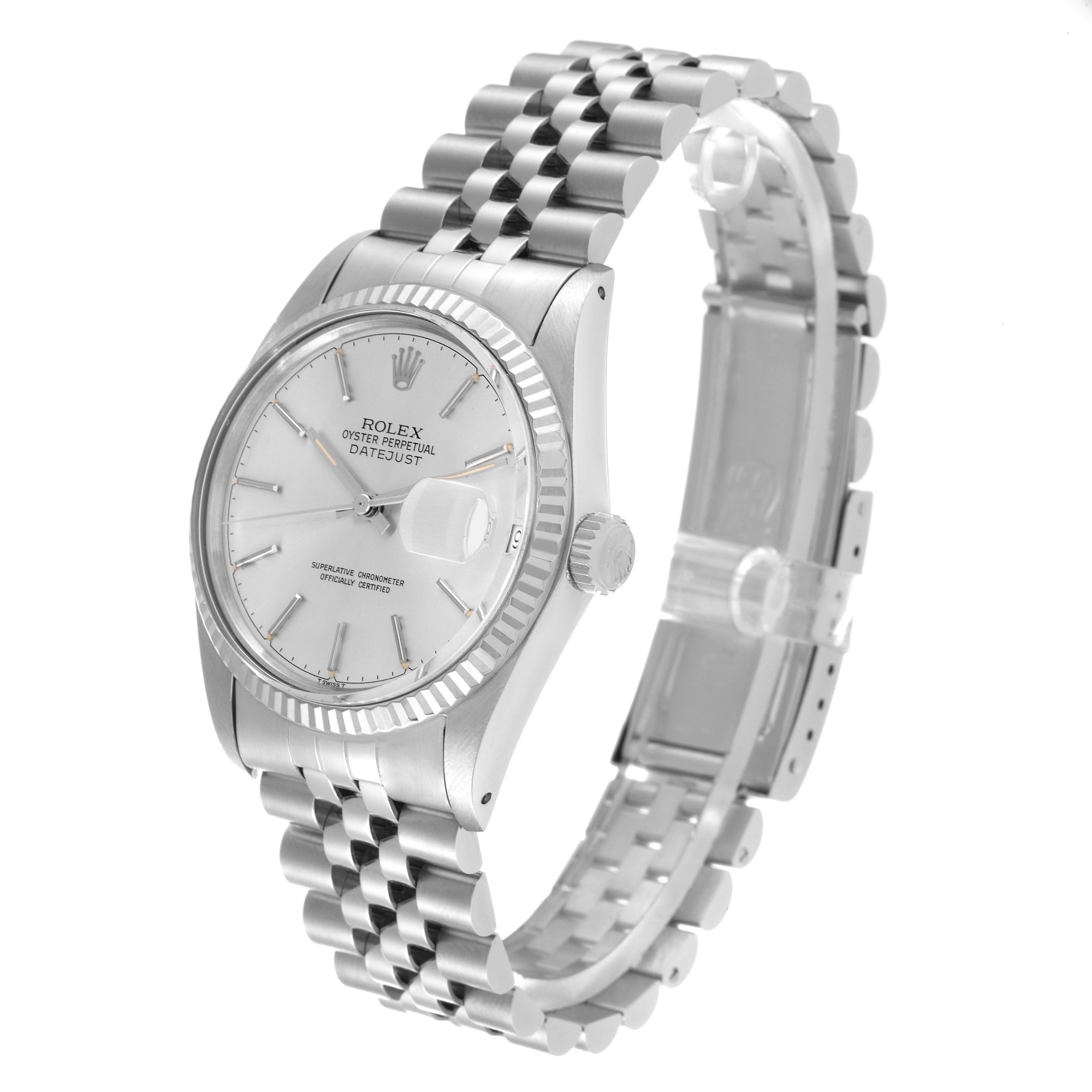 The Rolex Datejust 16014 Men's Stainless Steel Silver Dial 16014 Men's Stainless Steel Silver Dial model watch is shown from a front-left angle, highlighting its face and jubilee bracelet.