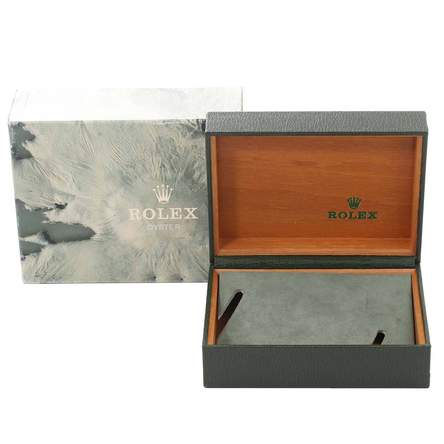 The image shows an open Rolex Datejust 16014 Men's Stainless Steel Silver Dial 16014 Men's Stainless Steel Silver Dial box with a protective outer sleeve, displaying the interior lining and compartments.