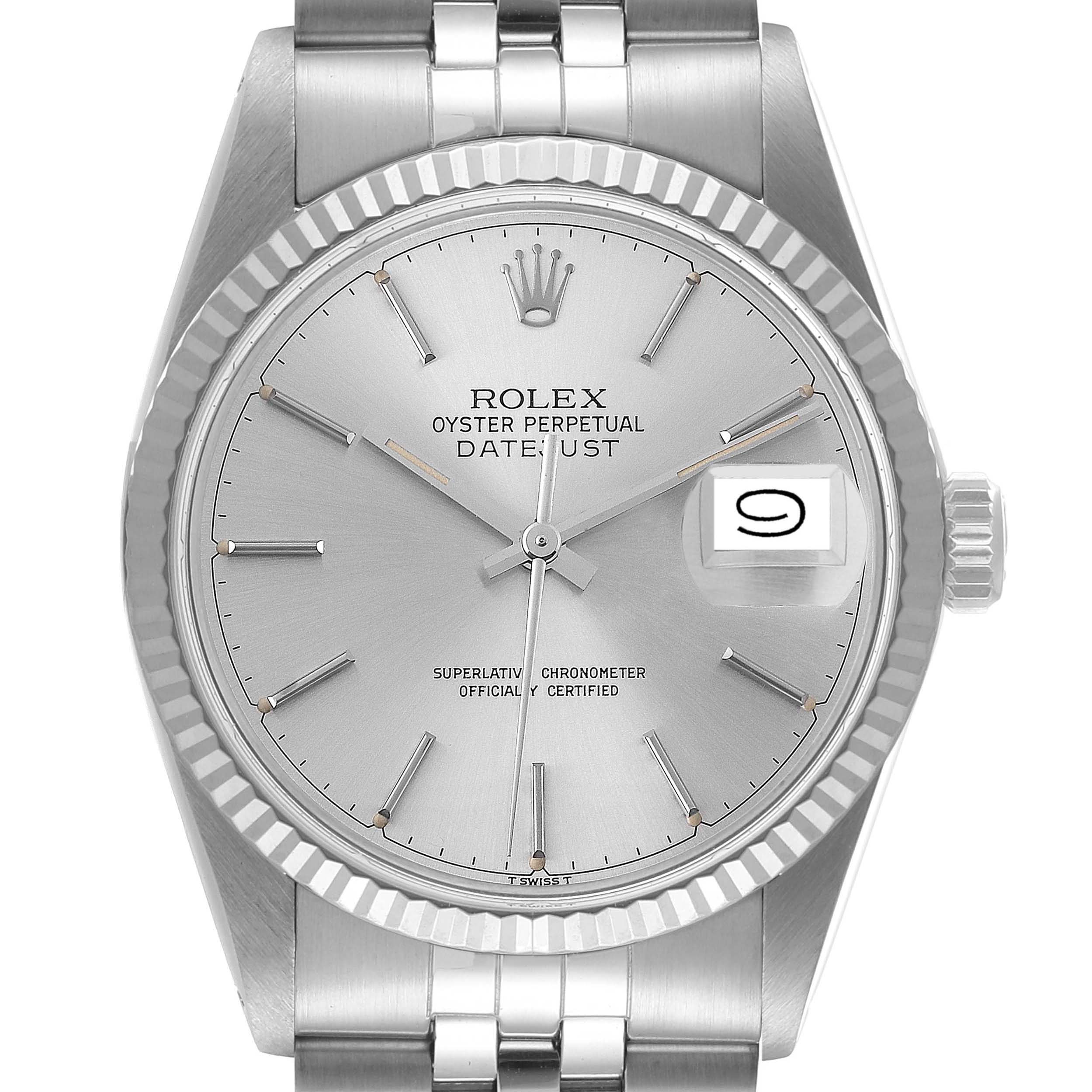 This image shows a front view of the Rolex Datejust 16014 Men's Stainless Steel Silver Dial 16014 Men's Stainless Steel Silver Dial watch, highlighting its dial, case, and bracelet.
