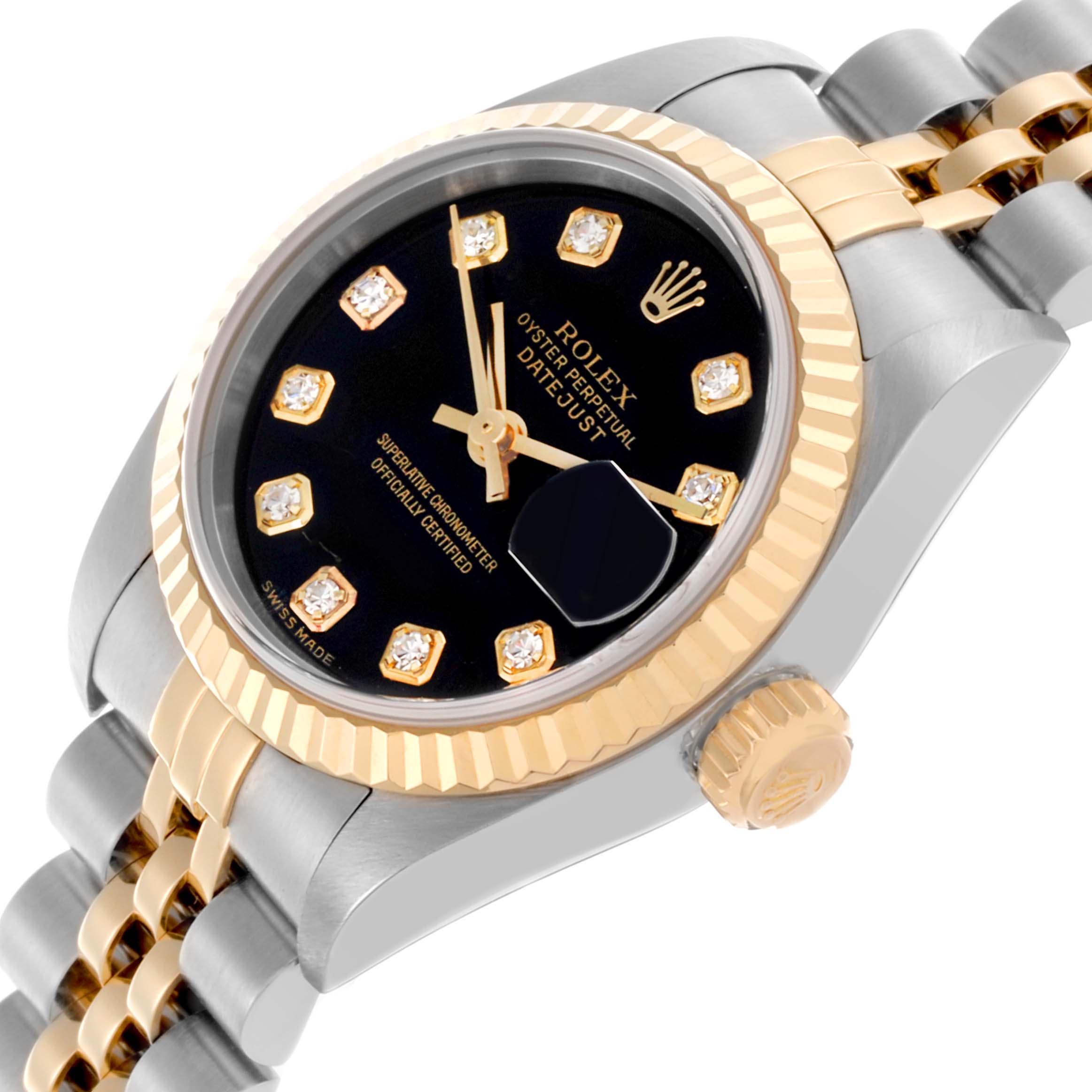 The Rolex Datejust 79173 Women's Steel and Gold (two tone) Black Dial 79173 Women's Steel and Gold (two tone) Black Dial watch is shown at an angle, highlighting the bezel, crown, dial, and part of the bracelet.