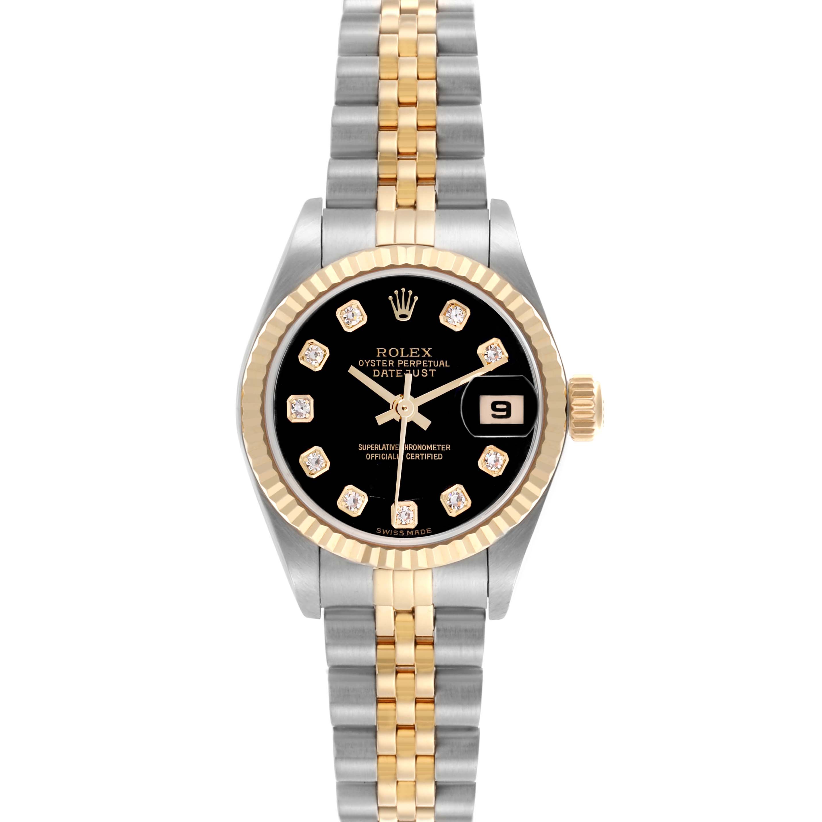 The Rolex Datejust 79173 Women's Steel and Gold (two tone) Black Dial 79173 Women's Steel and Gold (two tone) Black Dial watch is shown from the front, featuring a two-tone bracelet and a black dial with diamond markers.