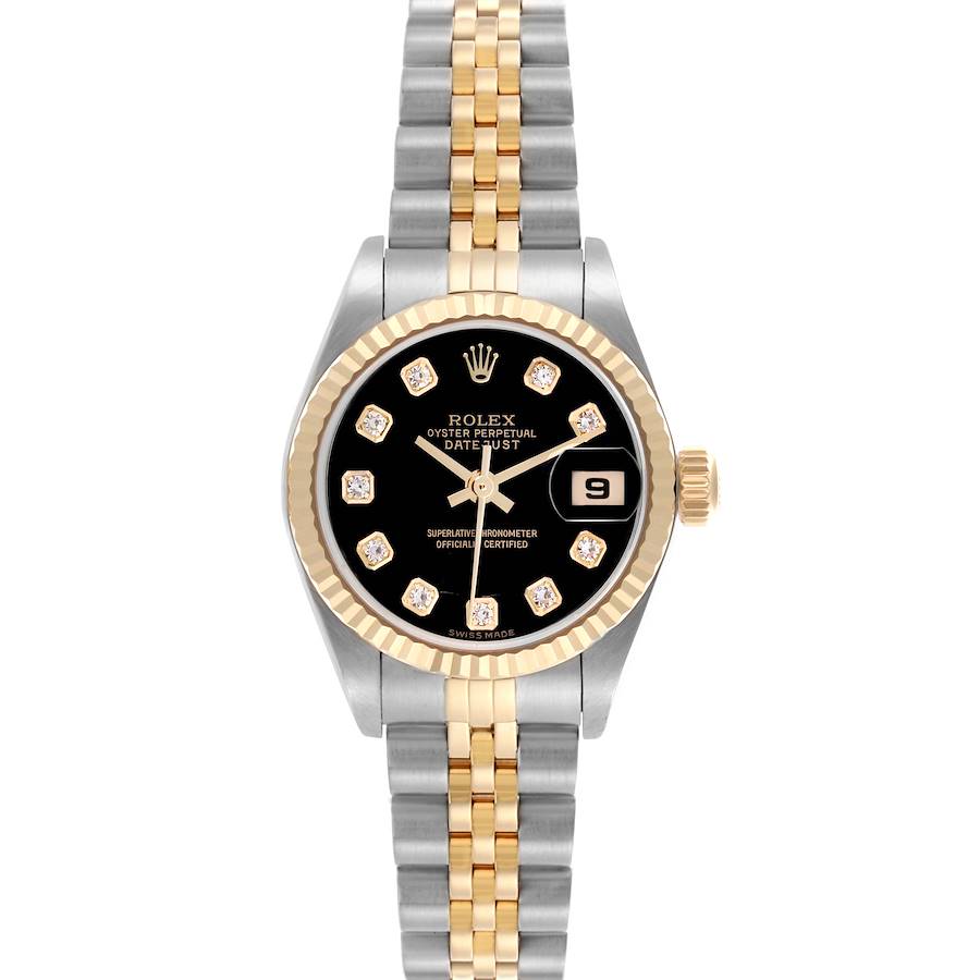 The Rolex Datejust watch is shown from the front, featuring a two-tone bracelet and a black dial with diamond markers.