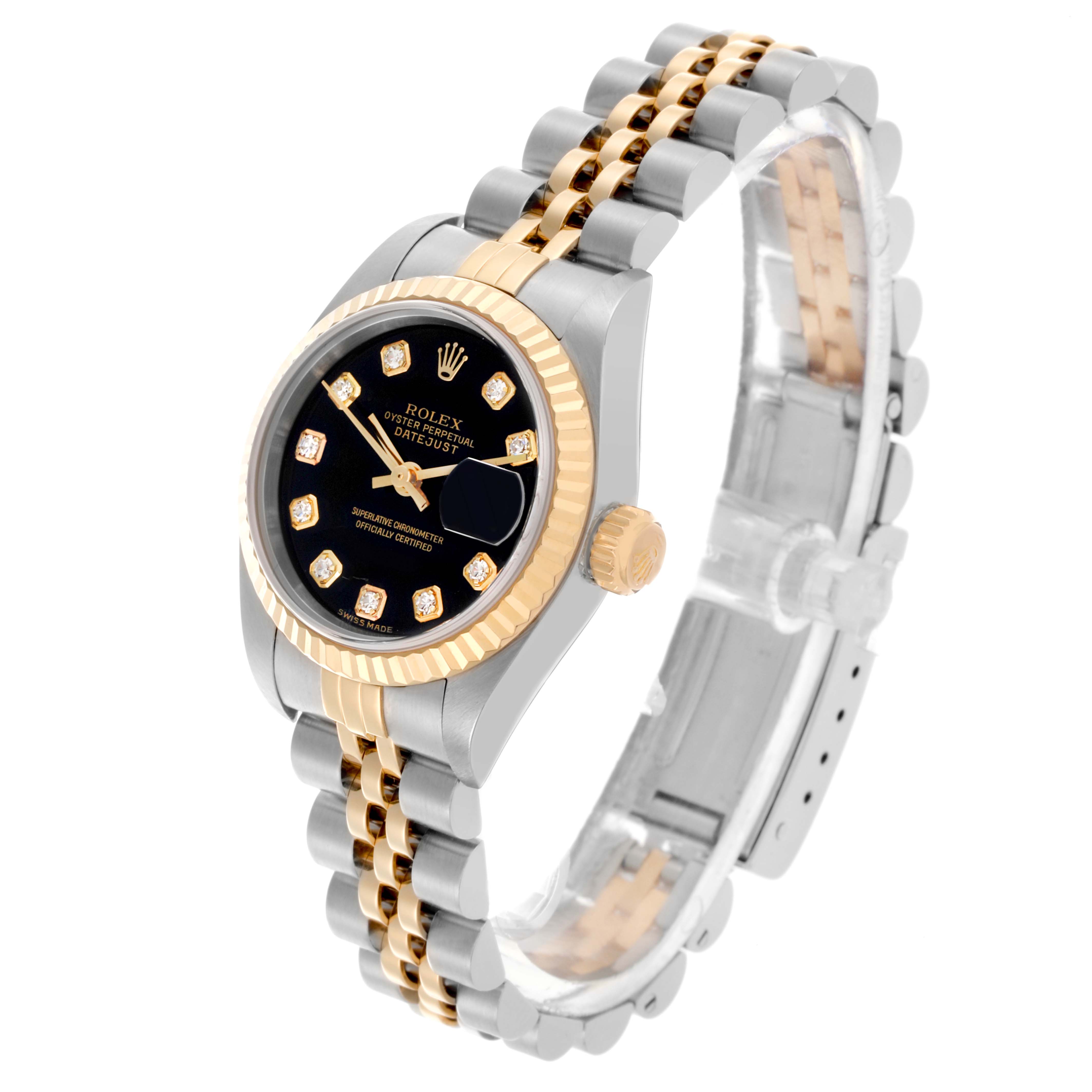 The Rolex Datejust 79173 Women's Steel and Gold (two tone) Black Dial 79173 Women's Steel and Gold (two tone) Black Dial watch is shown at a tilted side angle, highlighting the black dial, gold bezel, and two-tone bracelet.