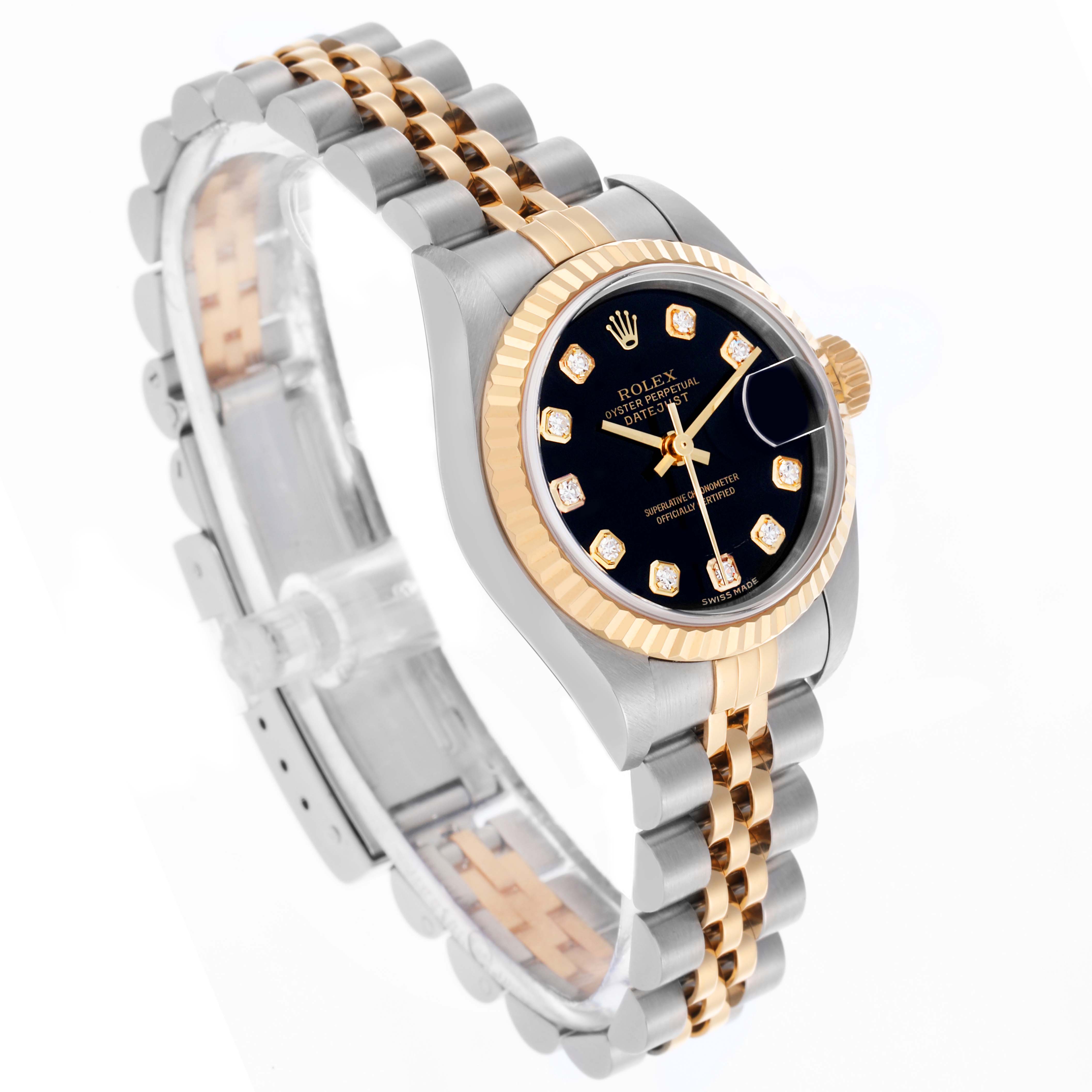 The Rolex Datejust 79173 Women's Steel and Gold (two tone) Black Dial 79173 Women's Steel and Gold (two tone) Black Dial watch is shown at a slight angle, highlighting the bezel, dial, and two-tone bracelet.