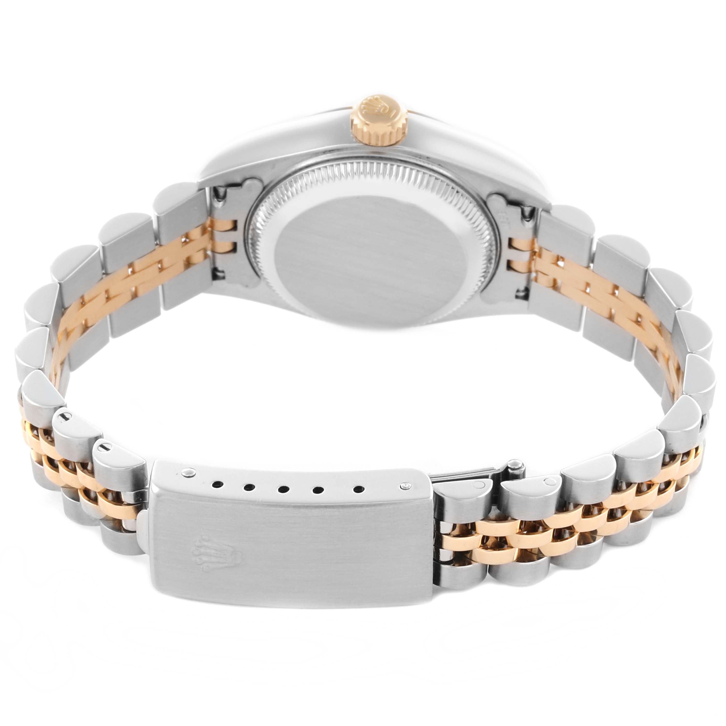 The image shows the back of a Rolex Datejust 79173 Women's Steel and Gold (two tone) Black Dial 79173 Women's Steel and Gold (two tone) Black Dial, highlighting the bracelet, clasp, and case back.