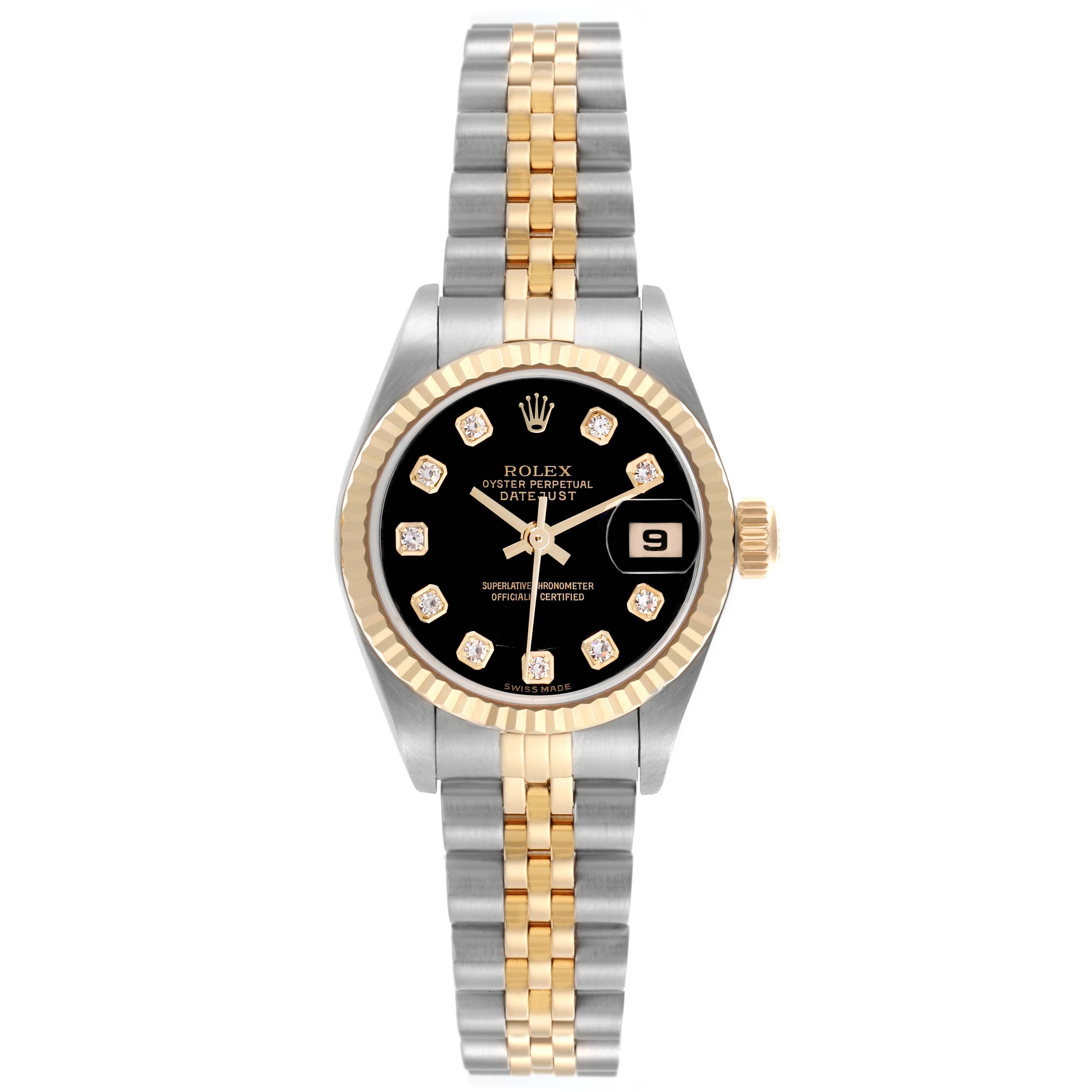 The Rolex Datejust 79173 Women's Steel and Gold (two tone) Black Dial 79173 Women's Steel and Gold (two tone) Black Dial watch is shown from the front, highlighting its black dial, gold accents, date display, and two-tone bracelet.