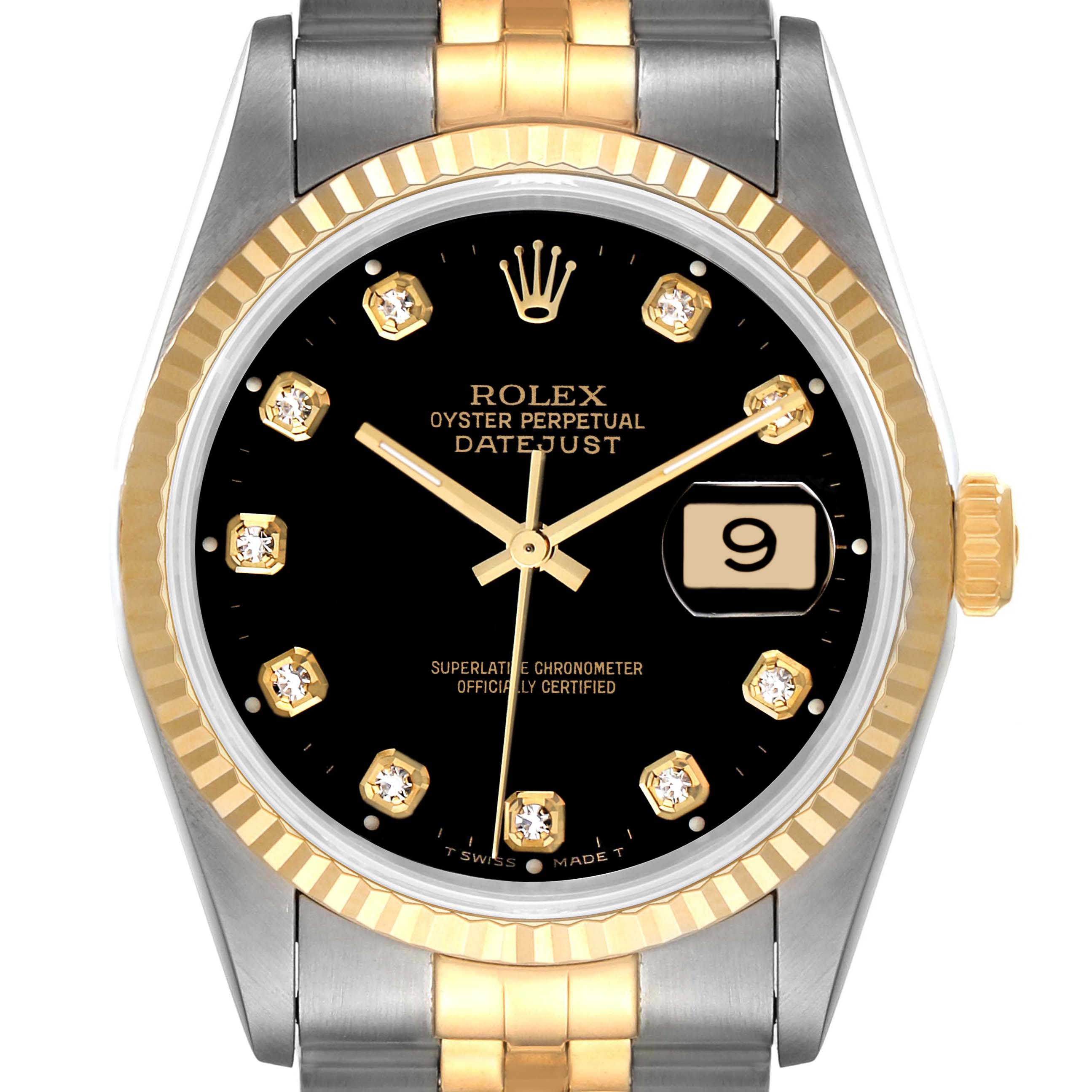 The image shows a frontal view of a Rolex Datejust 16233 Men's Steel and Gold (two tone) Black Dial 16233 Men's Steel and Gold (two tone) Black Dial watch, highlighting its black dial, gold markers, and two-tone bracelet.