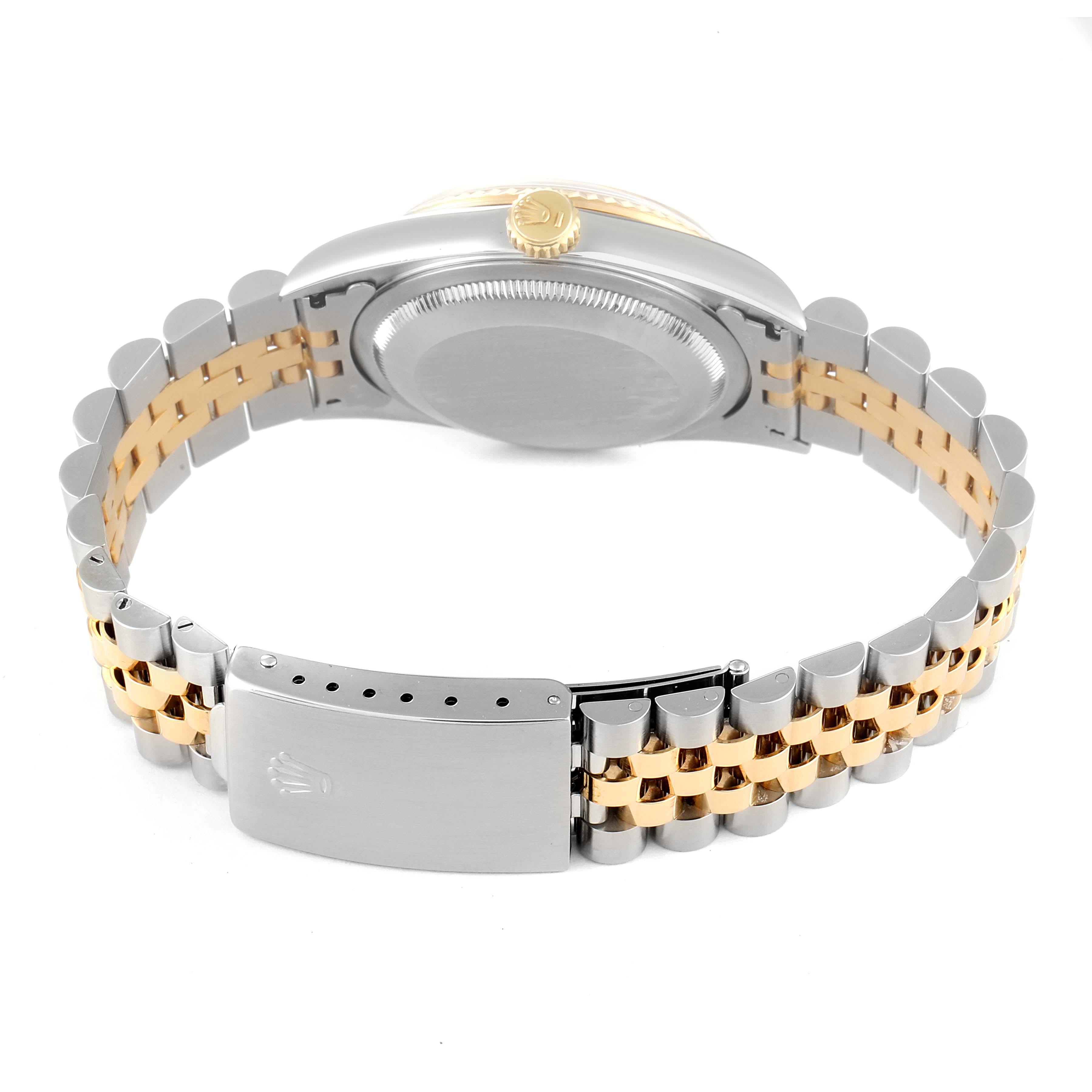 This image shows the back and bracelet of the Rolex Datejust 16233 Men's Steel and Gold (two tone) Black Dial 16233 Men's Steel and Gold (two tone) Black Dial watch, highlighting its clasp and two-tone metal band.