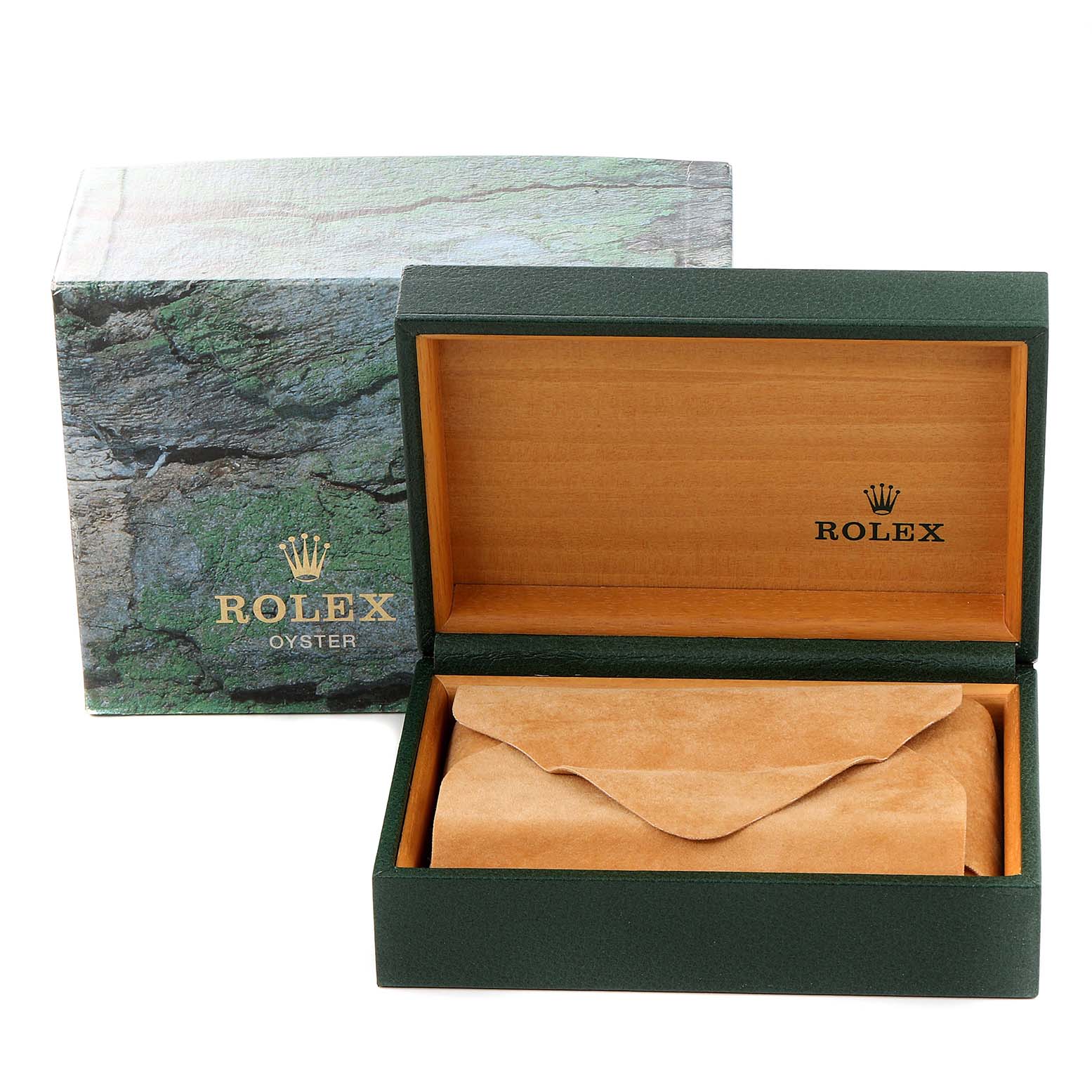 The image showcases an open Rolex Datejust 16233 Men's Steel and Gold (two tone) Black Dial 16233 Men's Steel and Gold (two tone) Black Dial watch box containing a suede pouch, viewed from the front.