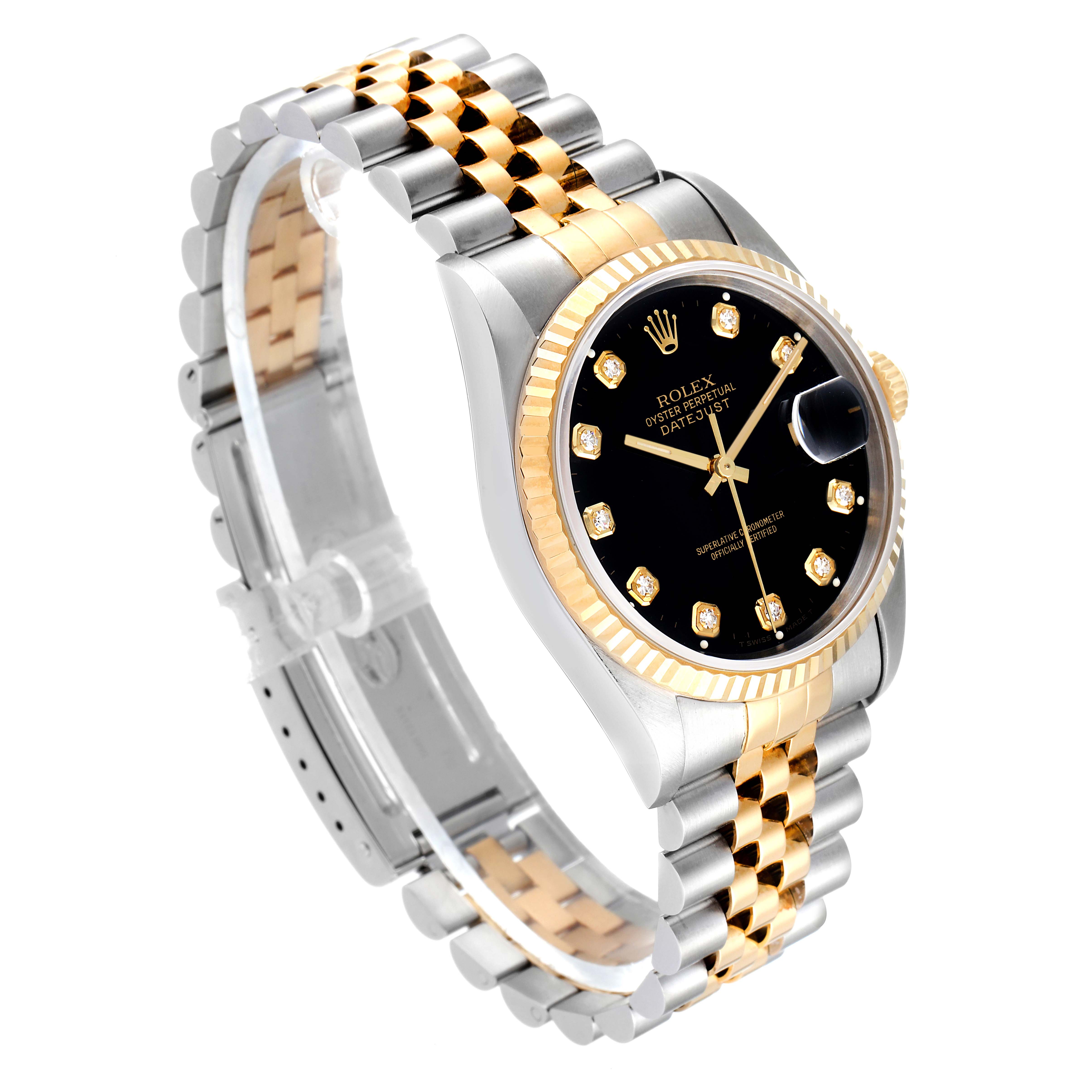 The Rolex Datejust 16233 Men's Steel and Gold (two tone) Black Dial 16233 Men's Steel and Gold (two tone) Black Dial watch is shown at a three-quarter angle, highlighting its two-tone bracelet, fluted bezel, and black dial with diamond markers.