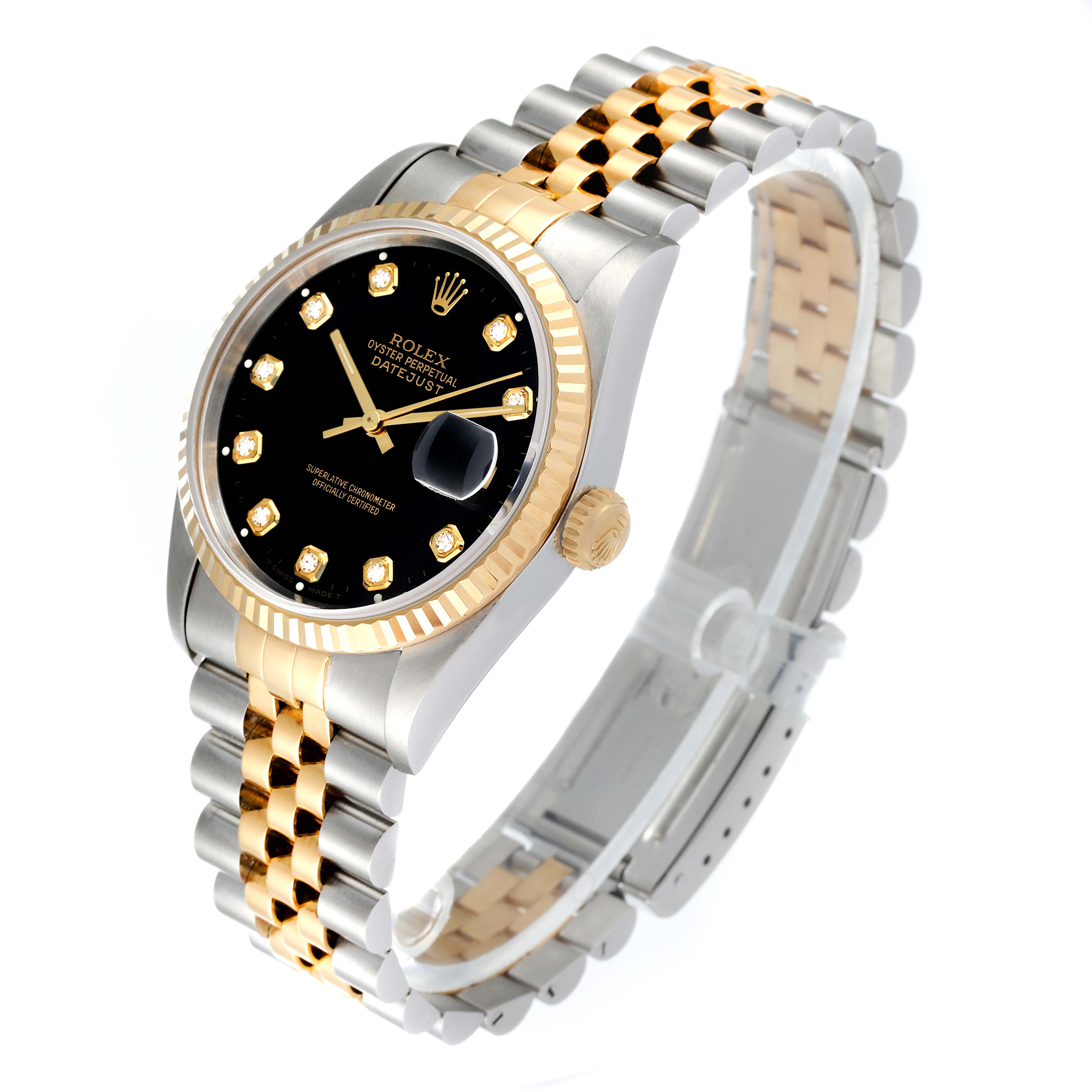 This image shows a Rolex Datejust 16233 Men's Steel and Gold (two tone) Black Dial 16233 Men's Steel and Gold (two tone) Black Dial watch at a 3/4 angle, highlighting its black dial, gold and silver jubilee bracelet, and fluted bezel.