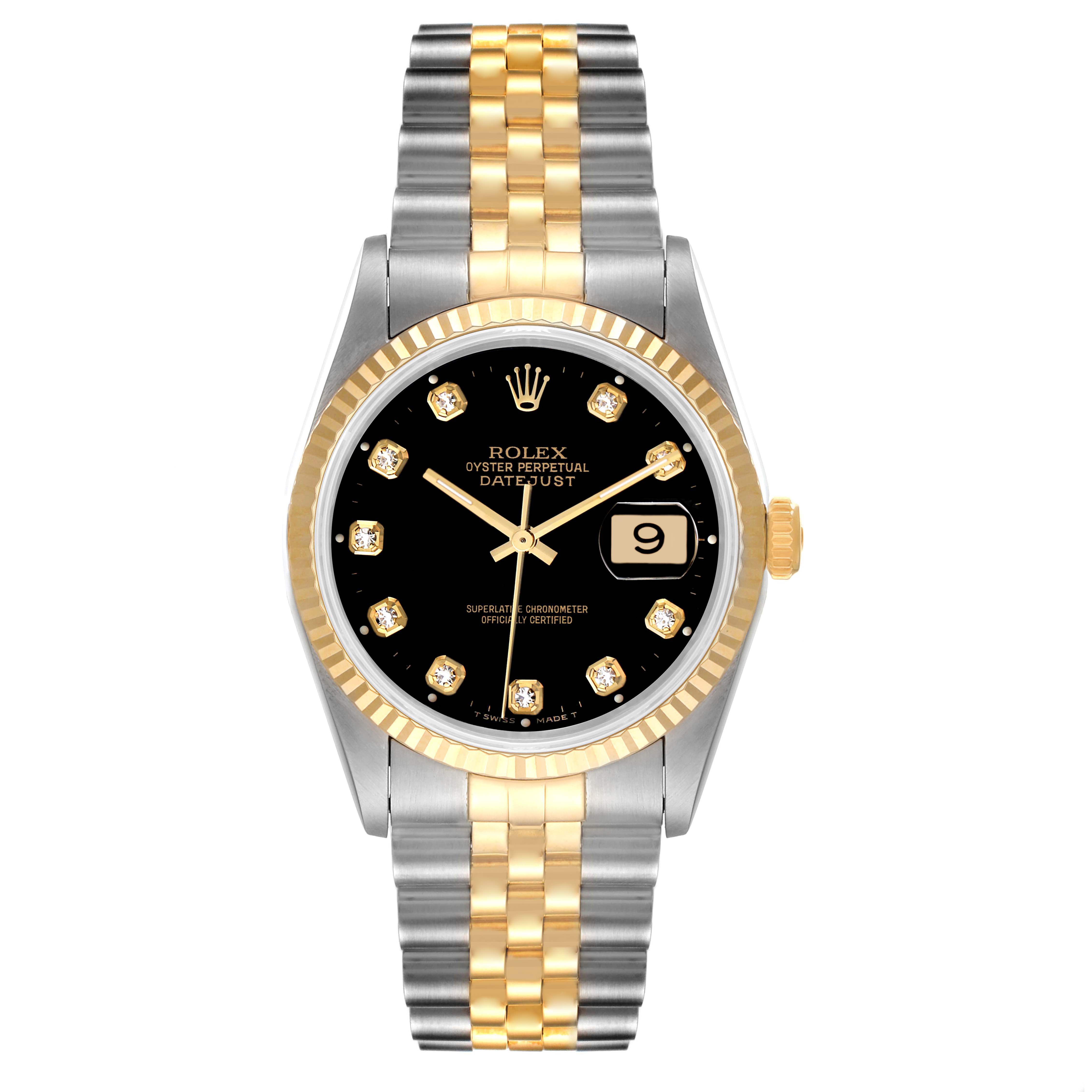 This image shows a Rolex Datejust 16233 Men's Steel and Gold (two tone) Black Dial 16233 Men's Steel and Gold (two tone) Black Dial watch with a gold and silver bracelet, black dial, and date window, viewed from the front.