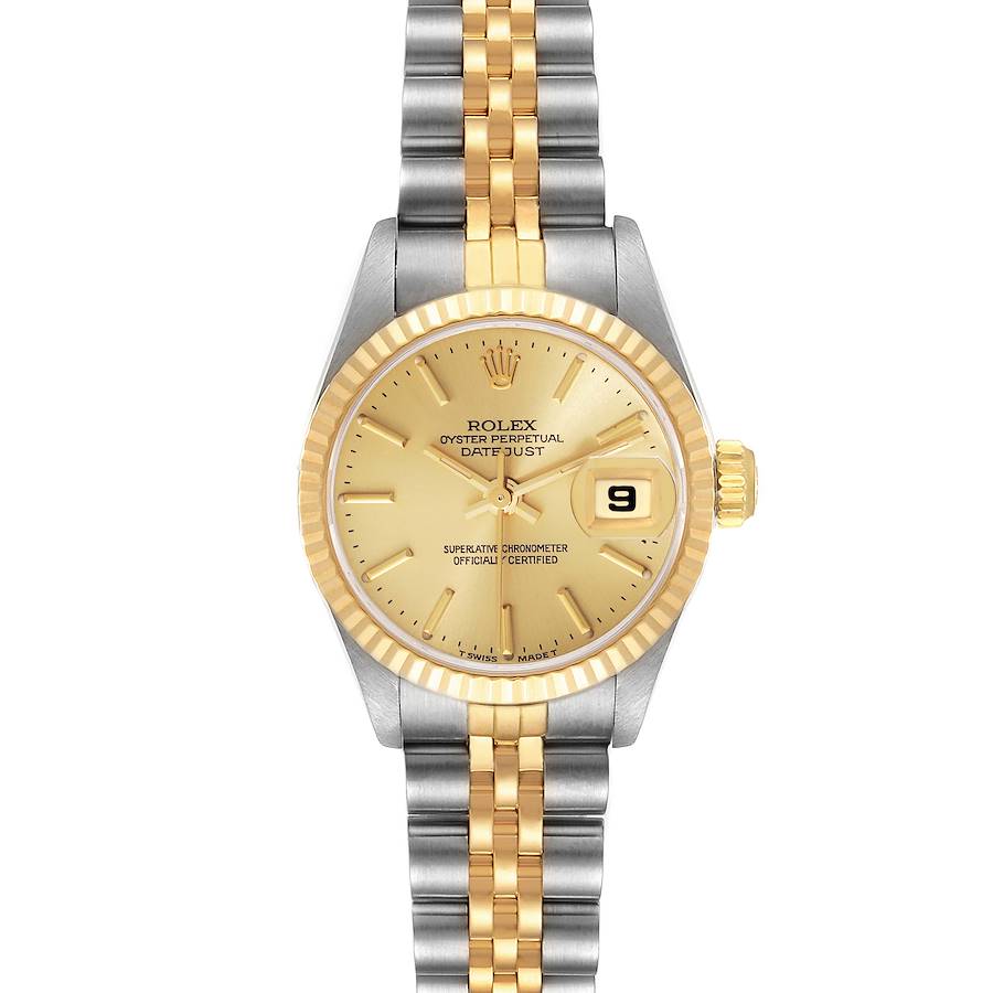 The image shows a front view of a Rolex Datejust watch, featuring a gold dial, a date window, and a two-tone metal bracelet.