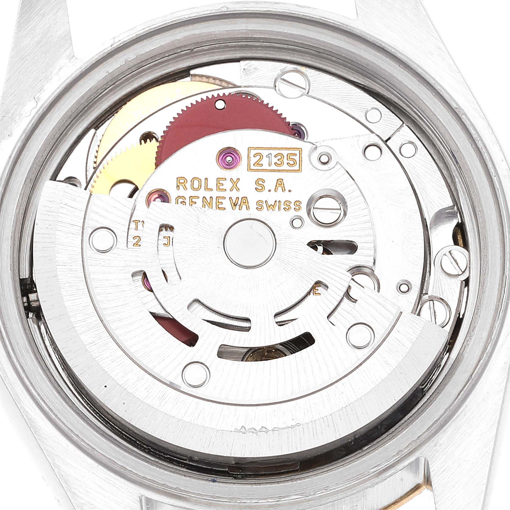 The image shows the movement mechanism of a Rolex Datejust 69173 Women's Steel and Gold (two tone) Champagne Dial 69173 Women's Steel and Gold (two tone) Champagne Dial watch from a back angle with an open case.