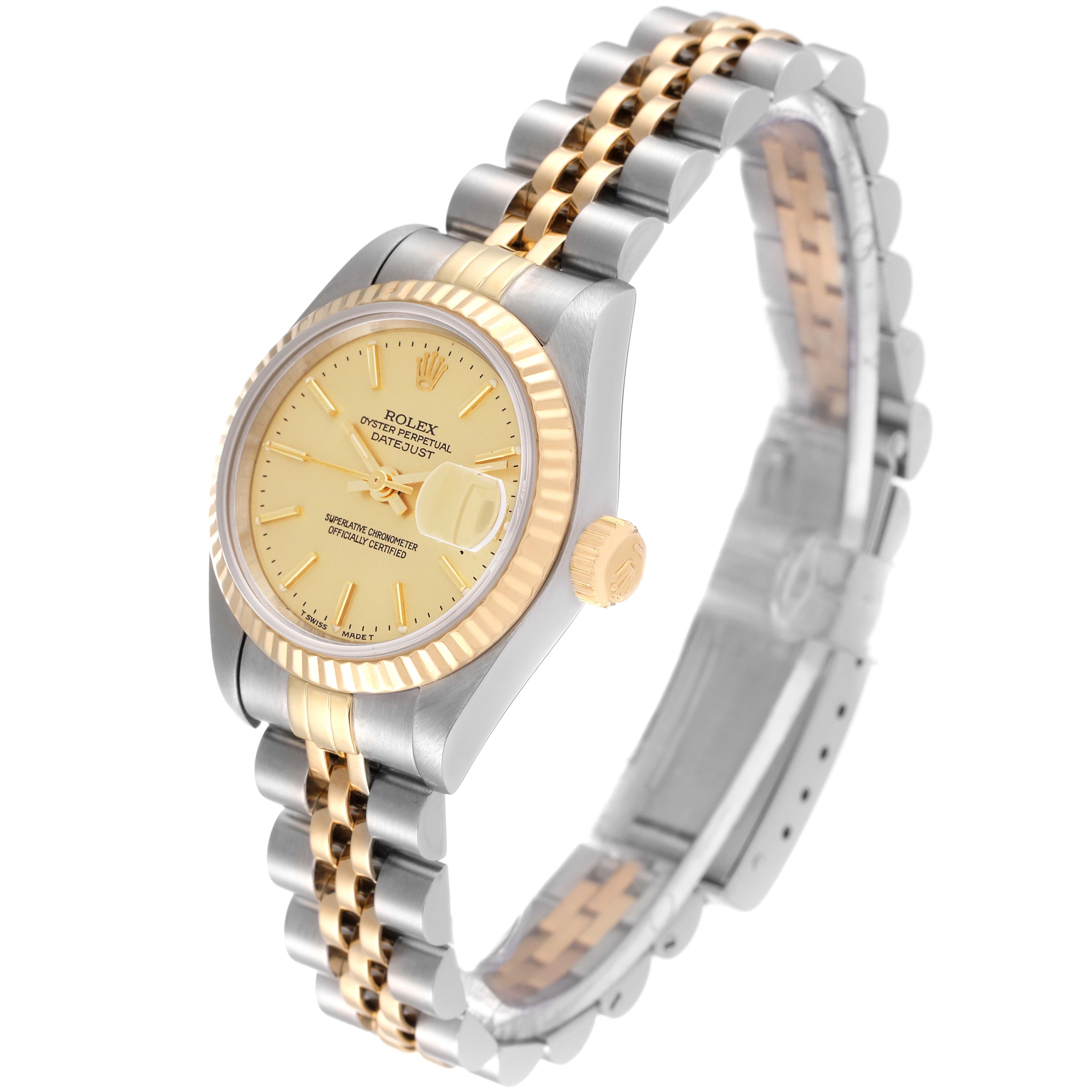 This image shows a side-angle view of a Rolex Datejust 69173 Women's Steel and Gold (two tone) Champagne Dial 69173 Women's Steel and Gold (two tone) Champagne Dial watch displaying the face, crown, and two-tone bracelet.