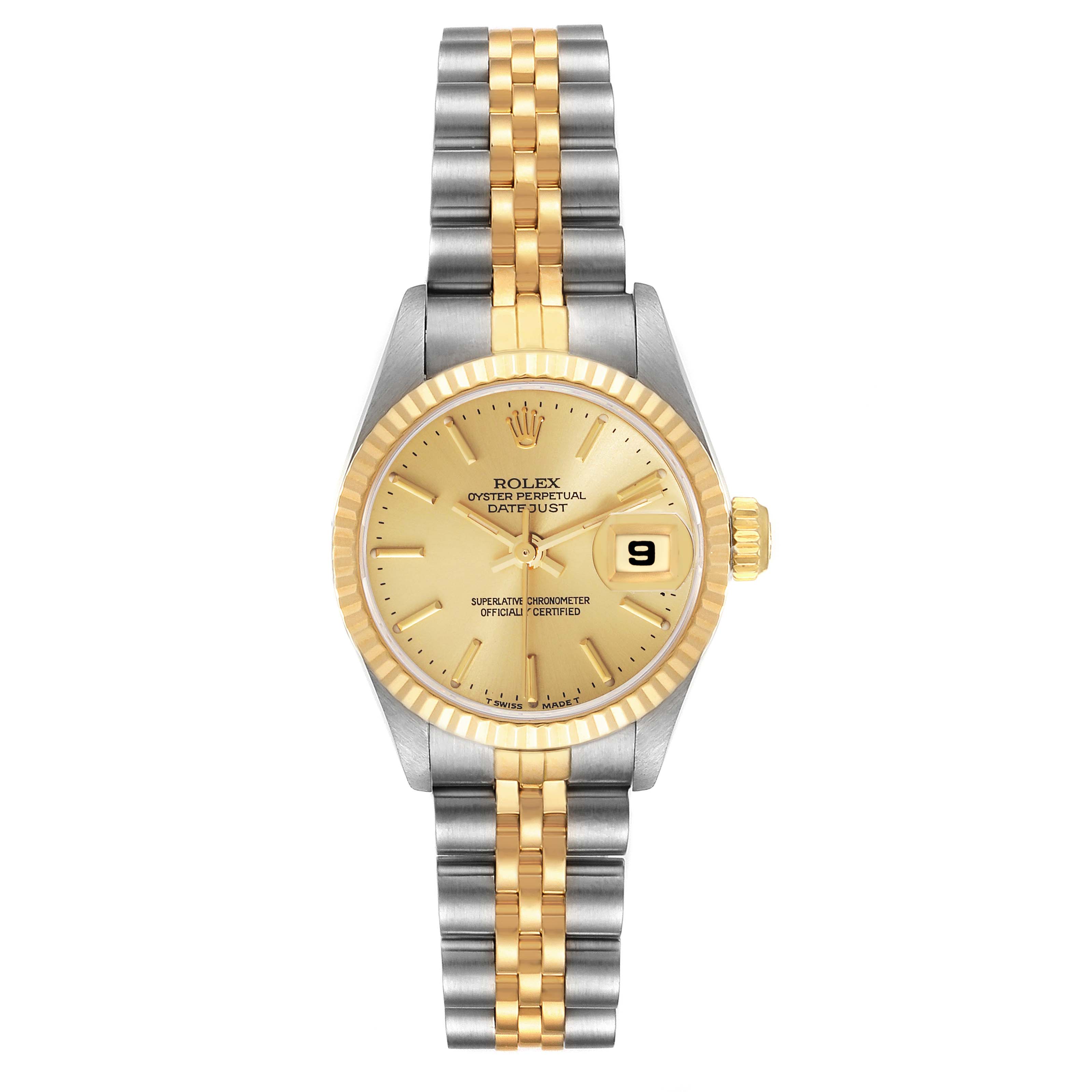 The Rolex Datejust 69173 Women's Steel and Gold (two tone) Champagne Dial 69173 Women's Steel and Gold (two tone) Champagne Dial watch is shown from a top-down angle, displaying its dial, bezel, crown, and two-tone bracelet.