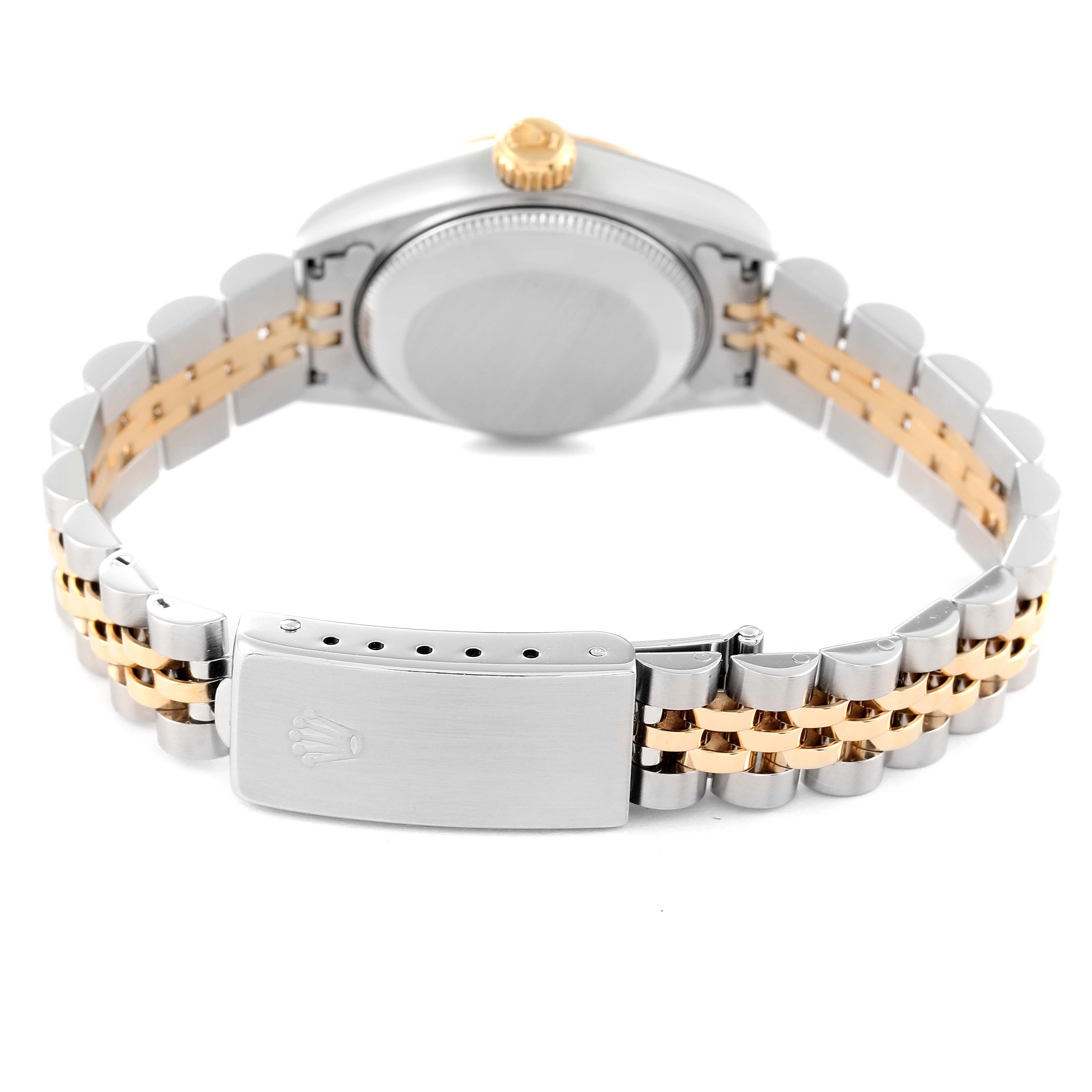 The image shows the back view of a Rolex Datejust 69173 Women's Steel and Gold (two tone) Champagne Dial 69173 Women's Steel and Gold (two tone) Champagne Dial watch, focusing on the bracelet, clasp, and case back.