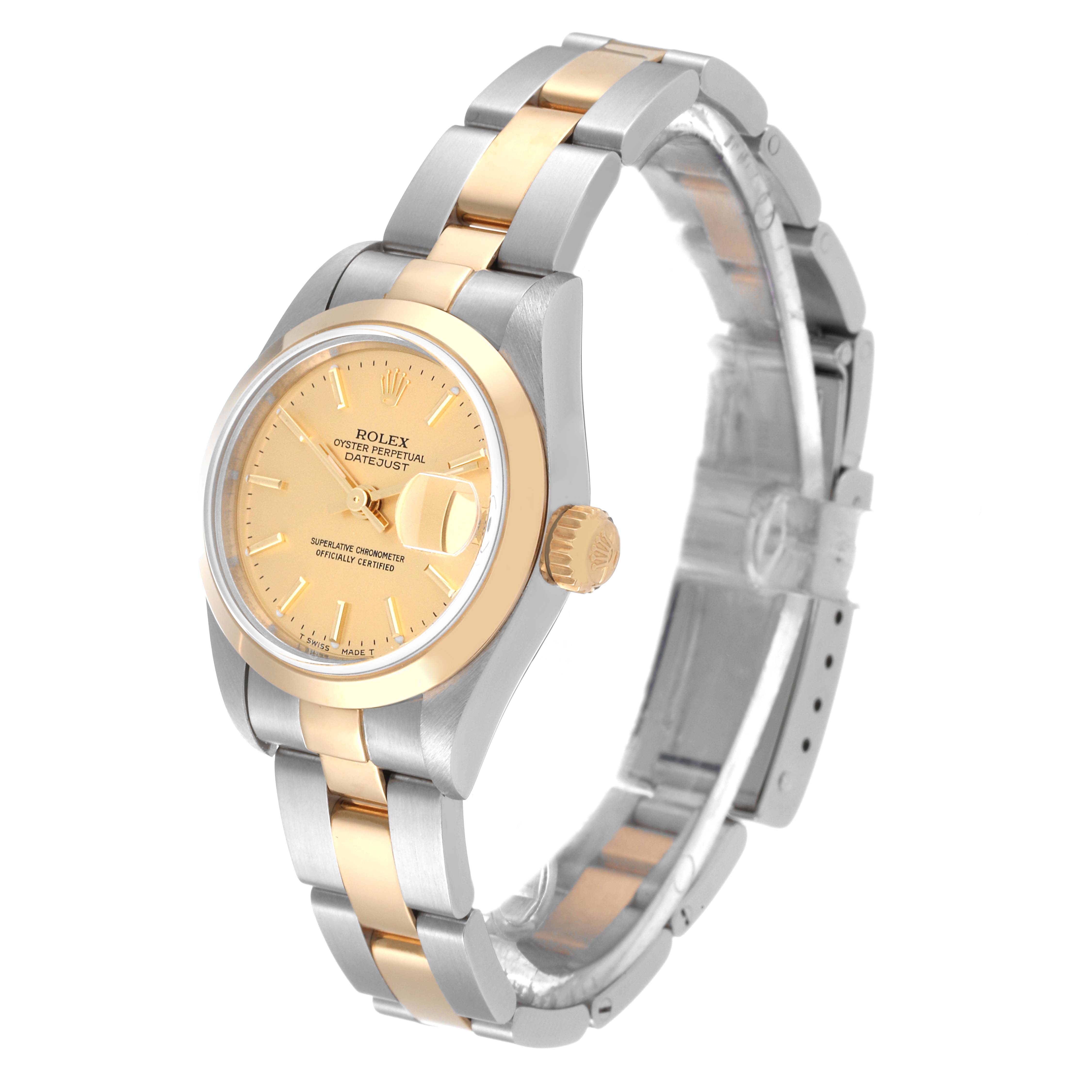 This image shows a Rolex Datejust 79163 Women's Steel and Gold (two tone) Champagne Dial 79163 Women's Steel and Gold (two tone) Champagne Dial watch at a three-quarter angle, highlighting the dial, bezel, crown, and bracelet.