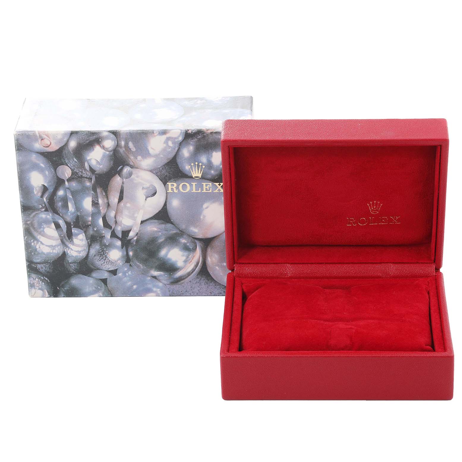 The image shows the packaging for a Rolex Datejust 79163 Women's Steel and Gold (two tone) Champagne Dial 79163 Women's Steel and Gold (two tone) Champagne Dial watch, featuring a decorative outer box and a red watch case.