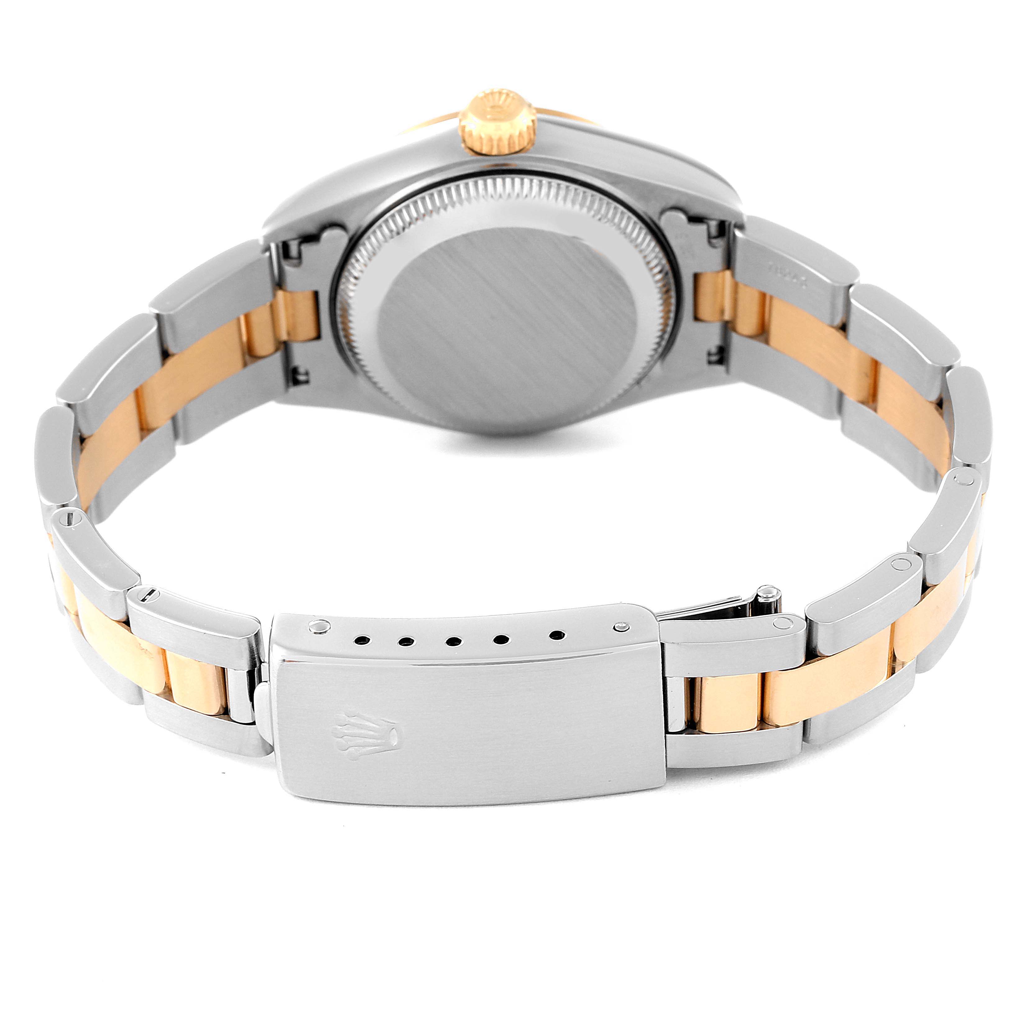 This image shows the back view of a Rolex Datejust 79163 Women's Steel and Gold (two tone) Champagne Dial 79163 Women's Steel and Gold (two tone) Champagne Dial watch, highlighting the case back and the two-tone metal bracelet.