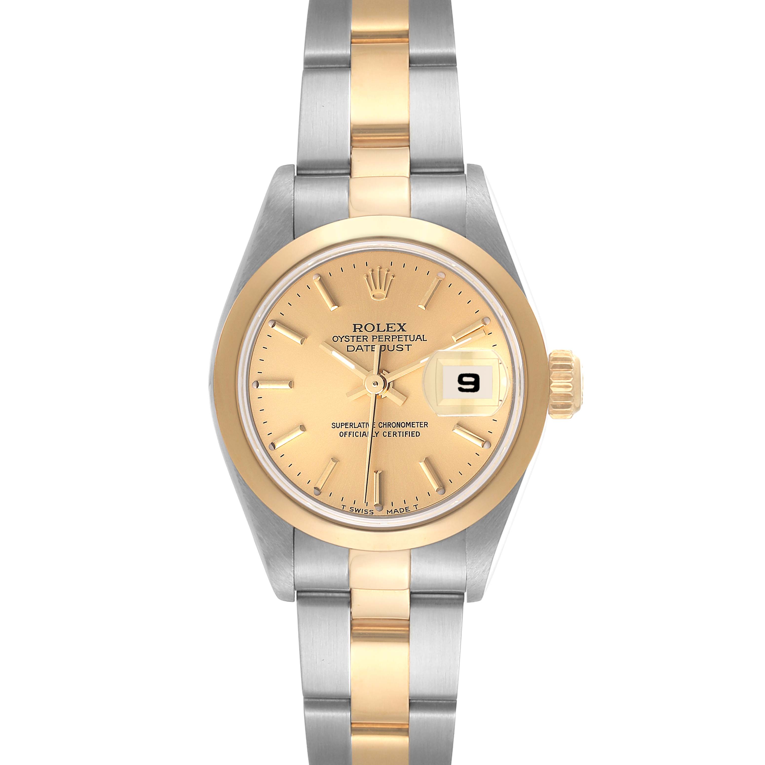 This image shows a front view of a Rolex Datejust 79163 Women's Steel and Gold (two tone) Champagne Dial 79163 Women's Steel and Gold (two tone) Champagne Dial watch, highlighting its face, bezel, and two-tone bracelet.